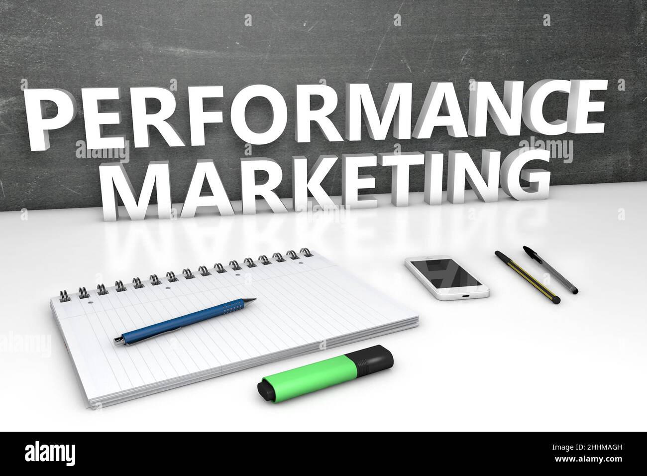 Performance Marketing - text concept with chalkboard, notebook, pens ...