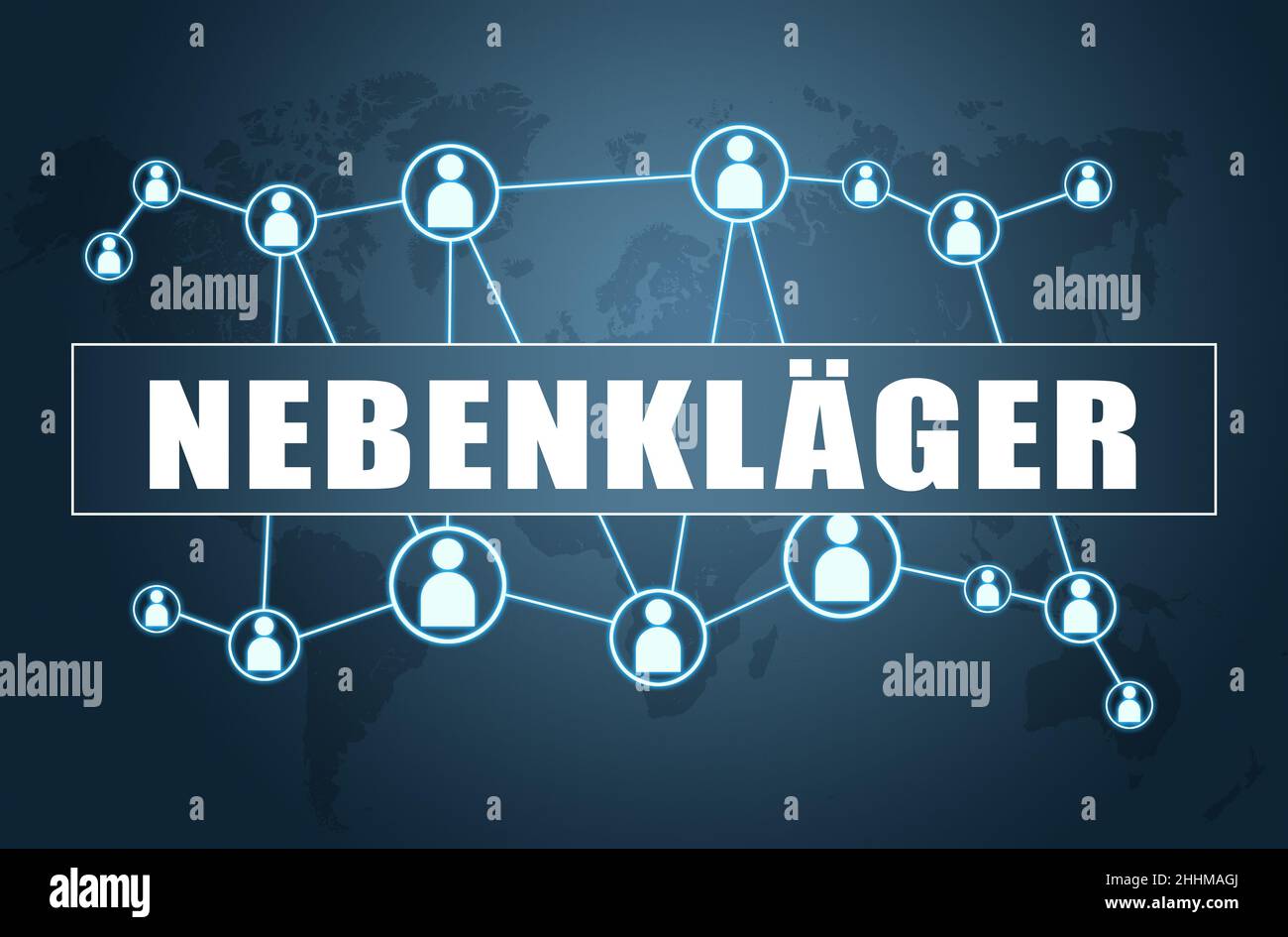 Nebenkläger - german word for joint plaintiff - text concept on blue background with world map and social icons. Stock Photo
