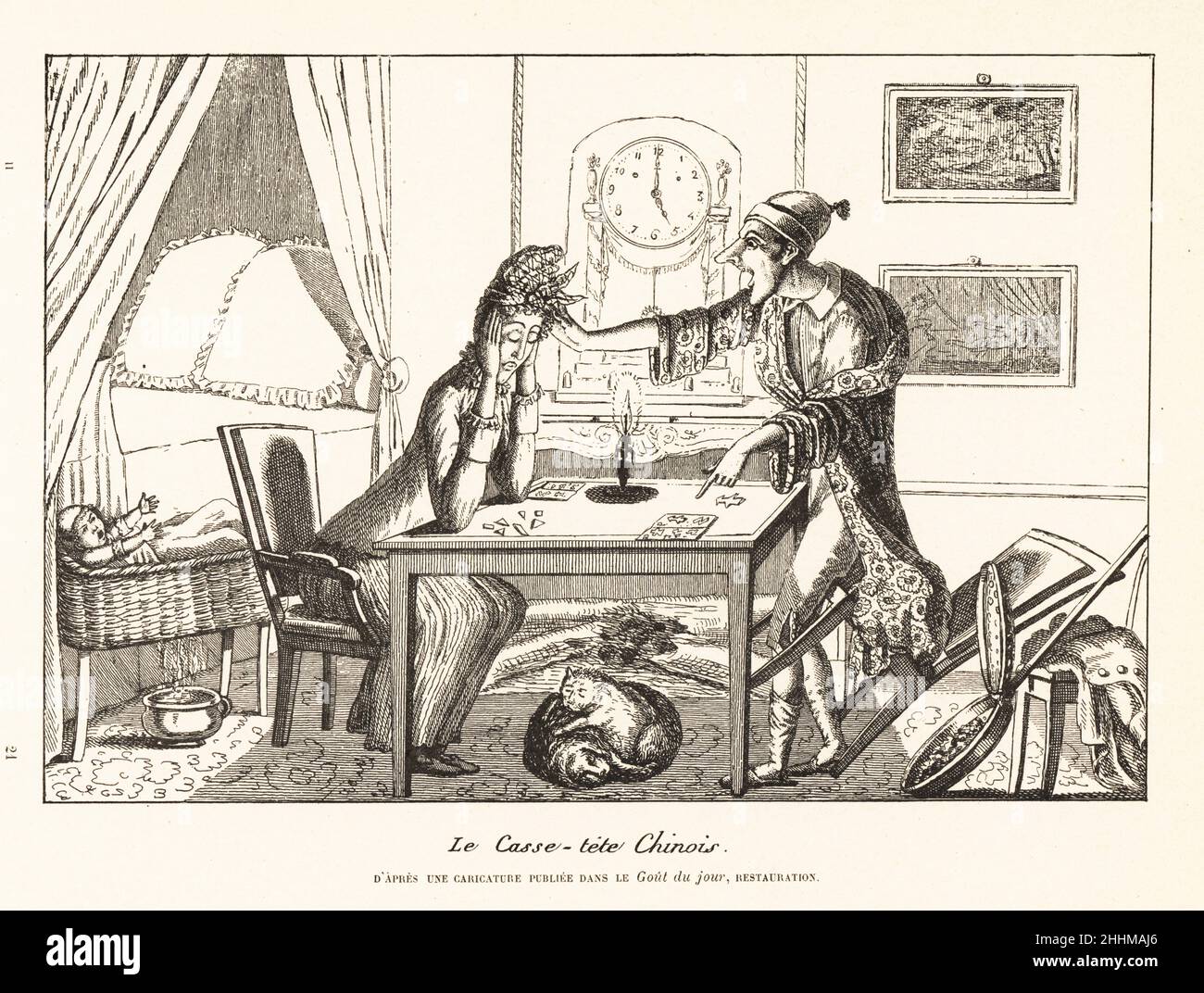 A woman playing a Tangram or Chinese puzzle game, 1818. A husband berates a wife addicted to the gamt, ignoring the baby crying in its cot. The game sparked a craze in the early 19th century. Le casse-tete Chinois. Lithograph from Henry Rene d’Allemagne’s Recreations et Passe-Temps, Games and Pastimes, Hachette, Paris, 1906. Stock Photo