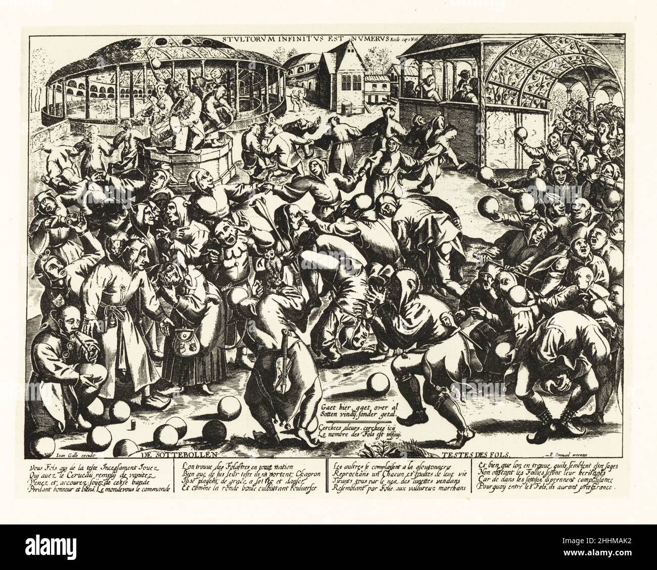 A festival of fools, Middle Ages. A large crowd of fools in hoods with ears and cockscombs dancing, tumbling, pulling each others noses, playing ball games, beating drums. Infinite is the number of fools. Stultorum infinitus est numerus, Ecclesiastes. Lithograph after an engraving by Jean Galle after Pieter Bruegel the Elder from Henry Rene d’Allemagne’s Recreations et Passe-Temps, Games and Pastimes, Hachette, Paris, 1906. Stock Photo