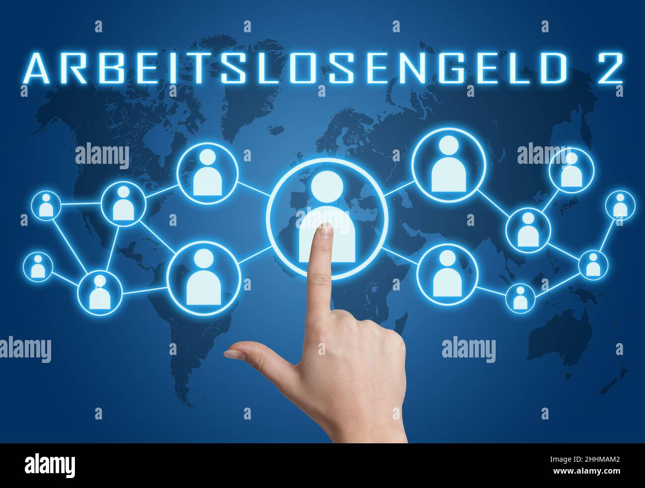 Arbeitslosengeld 2 - german word for unemployment benefit or dole money - text concept with hand pressing social icons on blue world map background. Stock Photo