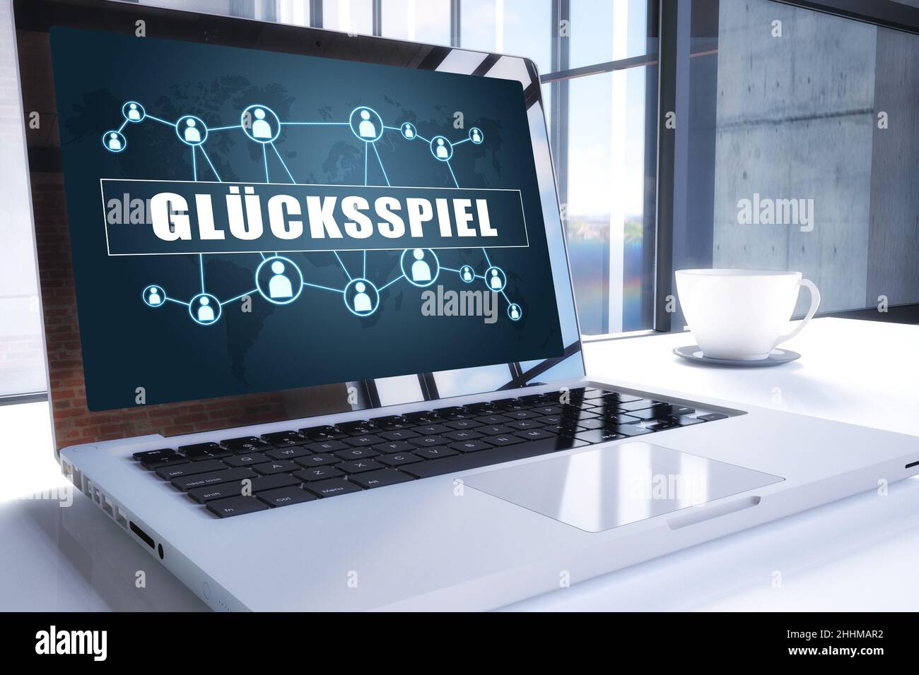 Glücksspiel - german word for gambling or game of chance. Text on modern laptop screen in office environment. 3D render illustration business text con Stock Photo