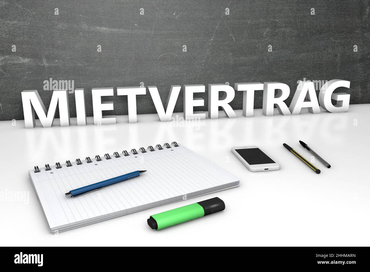 Mietvertrag - german word for rent contract or lease agreement - text concept with chalkboard, notebook, pens and mobile phone. 3D render illustration Stock Photo