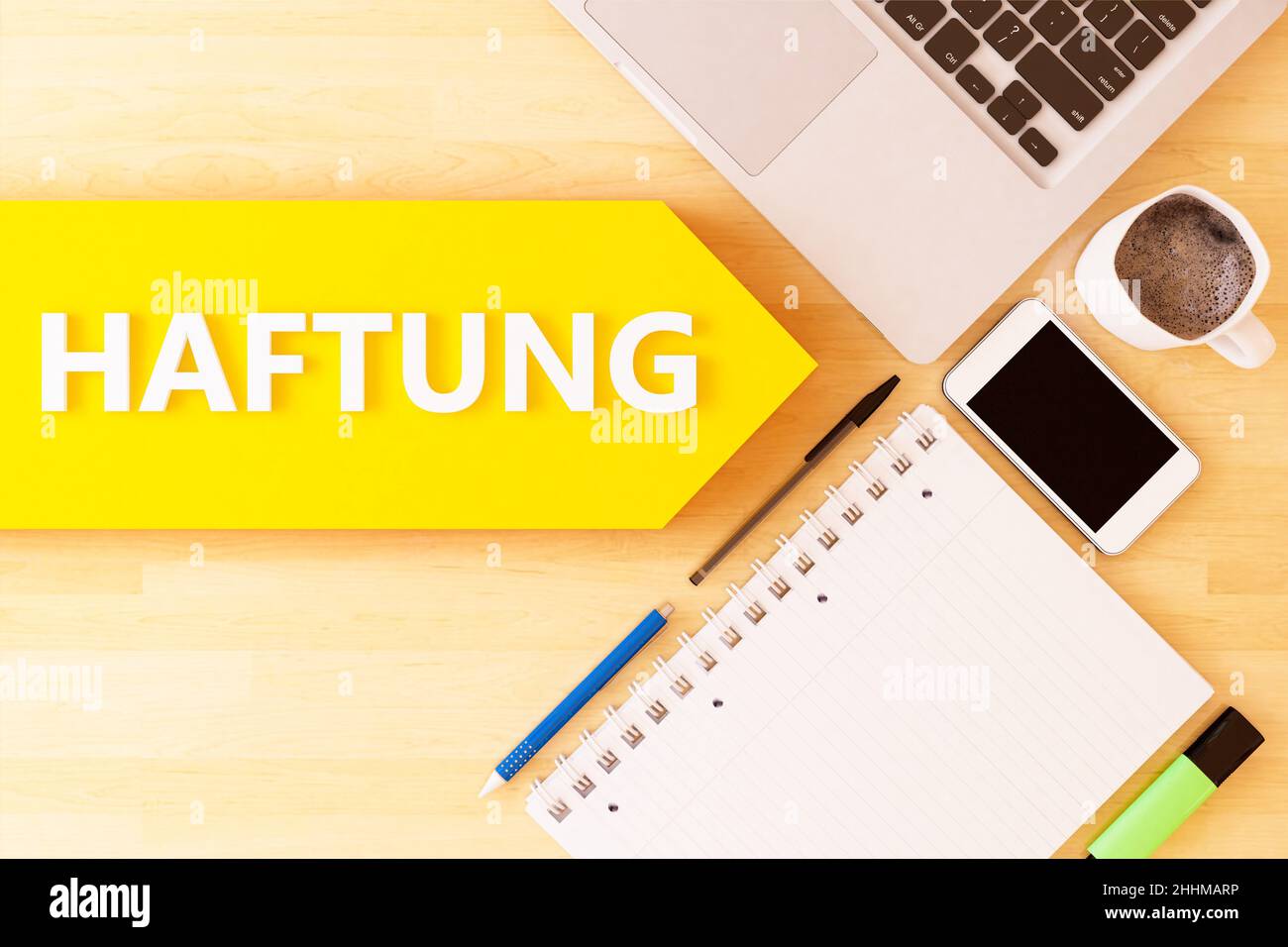 Haftung - german word for liability - linear text arrow concept with notebook, smartphone, pens and coffee mug on desktop - 3D render illustration. Stock Photo