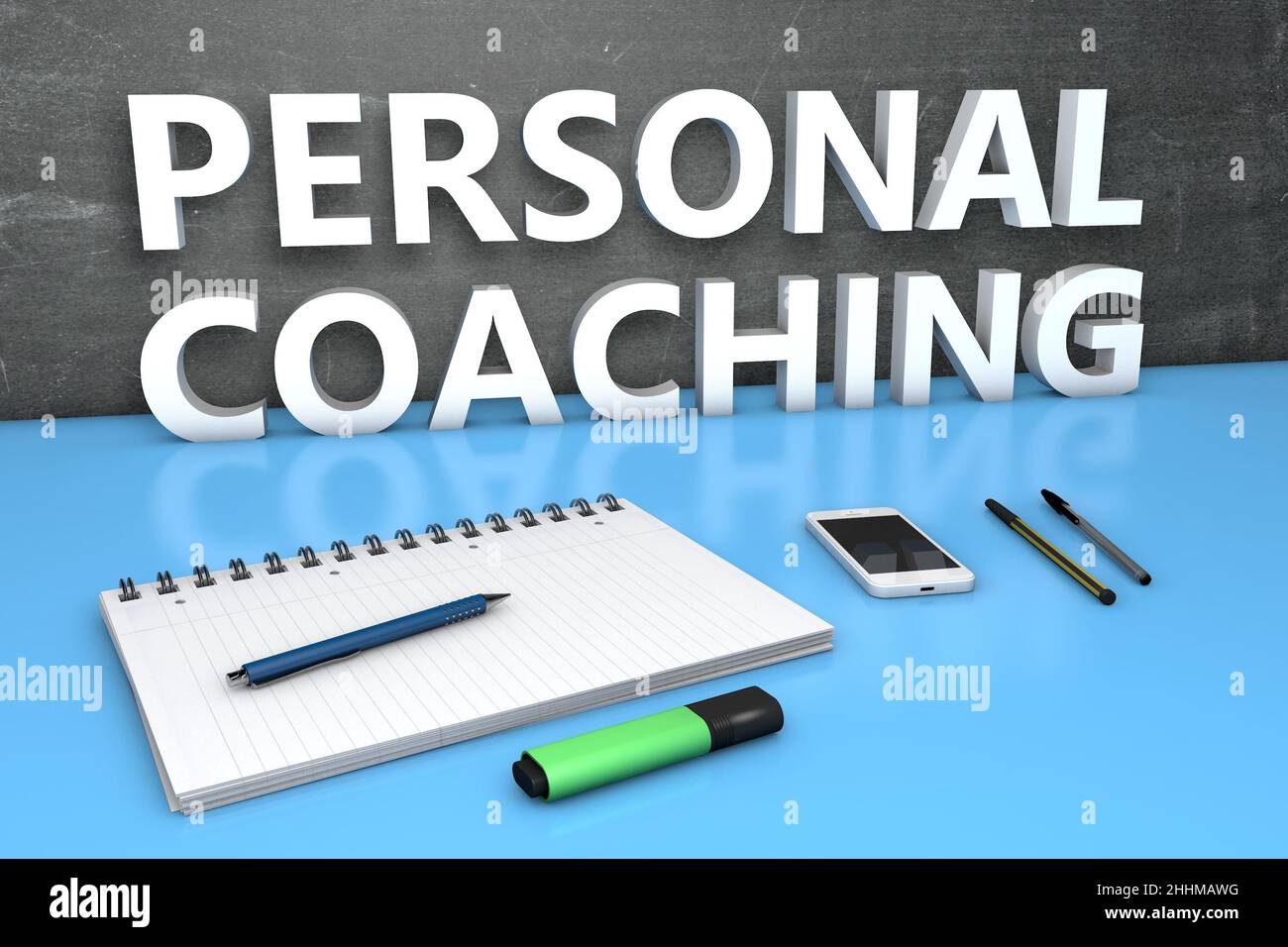 Personal Coaching - text concept with chalkboard, notebook, pens and ...