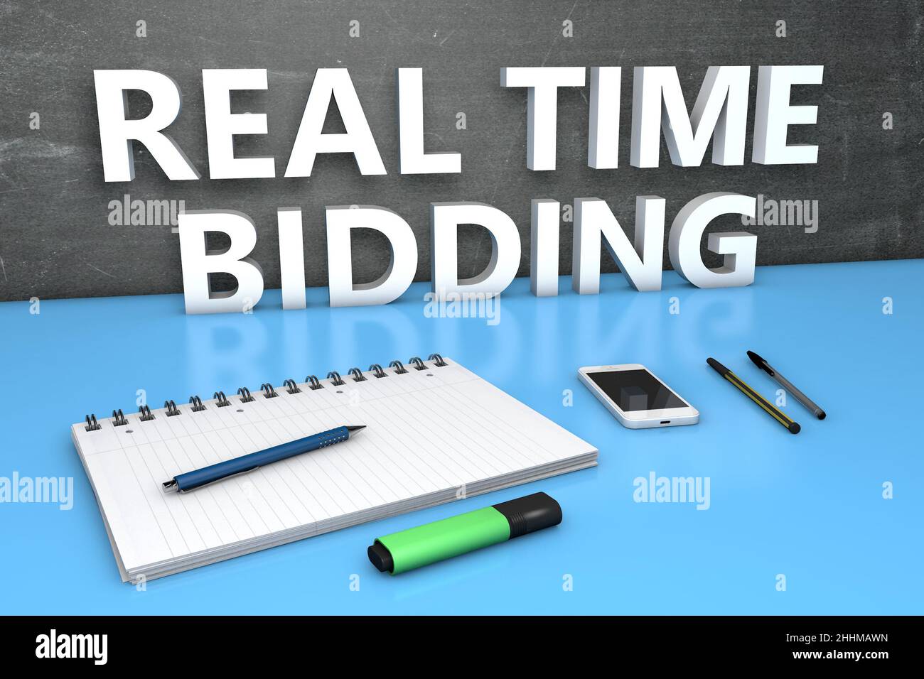 RTB - Real Time Bidding - text concept with chalkboard, notebook, pens and mobile phone. 3D render illustration. Stock Photo