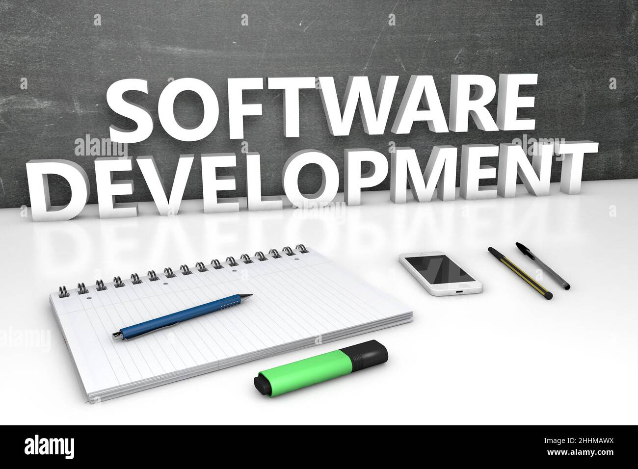 Software Development - text concept with chalkboard, notebook, pens and ...