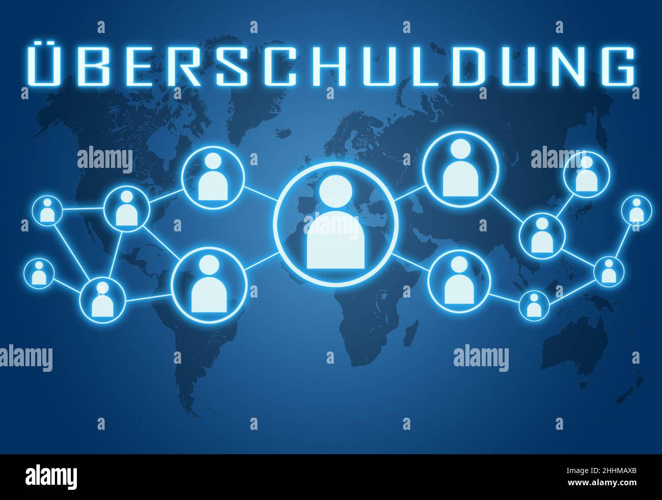 Ueberschuldung - german word for over indebtedness - text concept on blue background with world map and social icons. Stock Photo