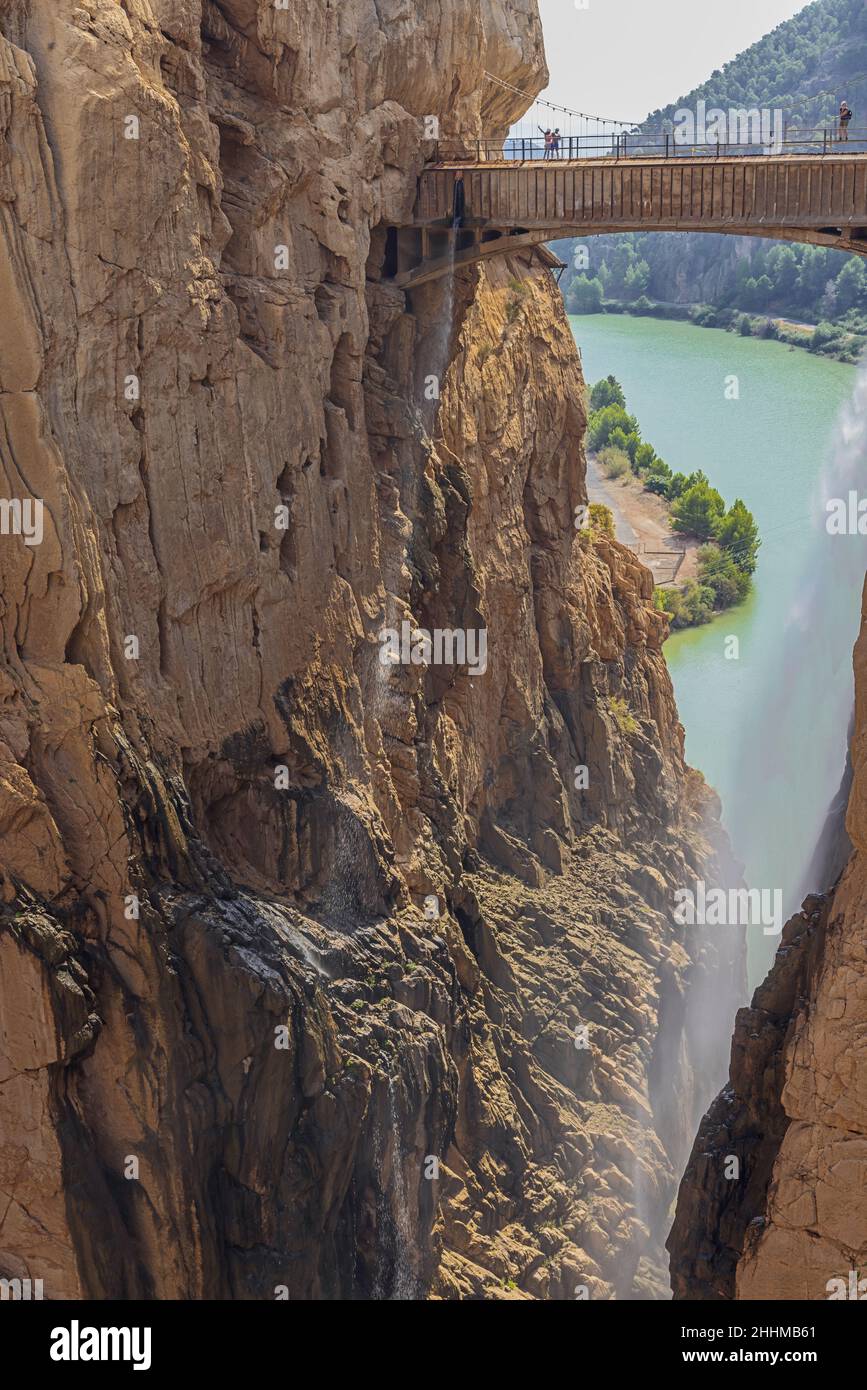 Editorial: CAMINITO DEL REY, ARDALES, ANDALUSIA, SPAIN, OCTOBER 1ST, 2021 - A mist of water pouring down from the bridge over the Guadalhorce gorge al Stock Photo