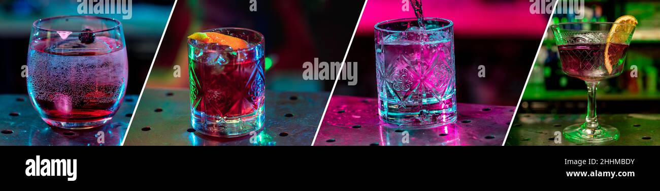 Horizontal flyer with set of glasses with different alcoholic drinks and cocktails on gradient pink-purple background in neon light. Stock Photo