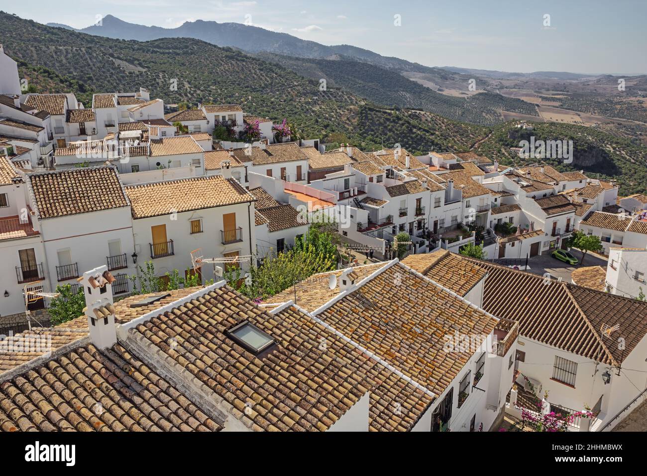 Looking down on the white houses of Zahara de la Sierra, seen from one ...