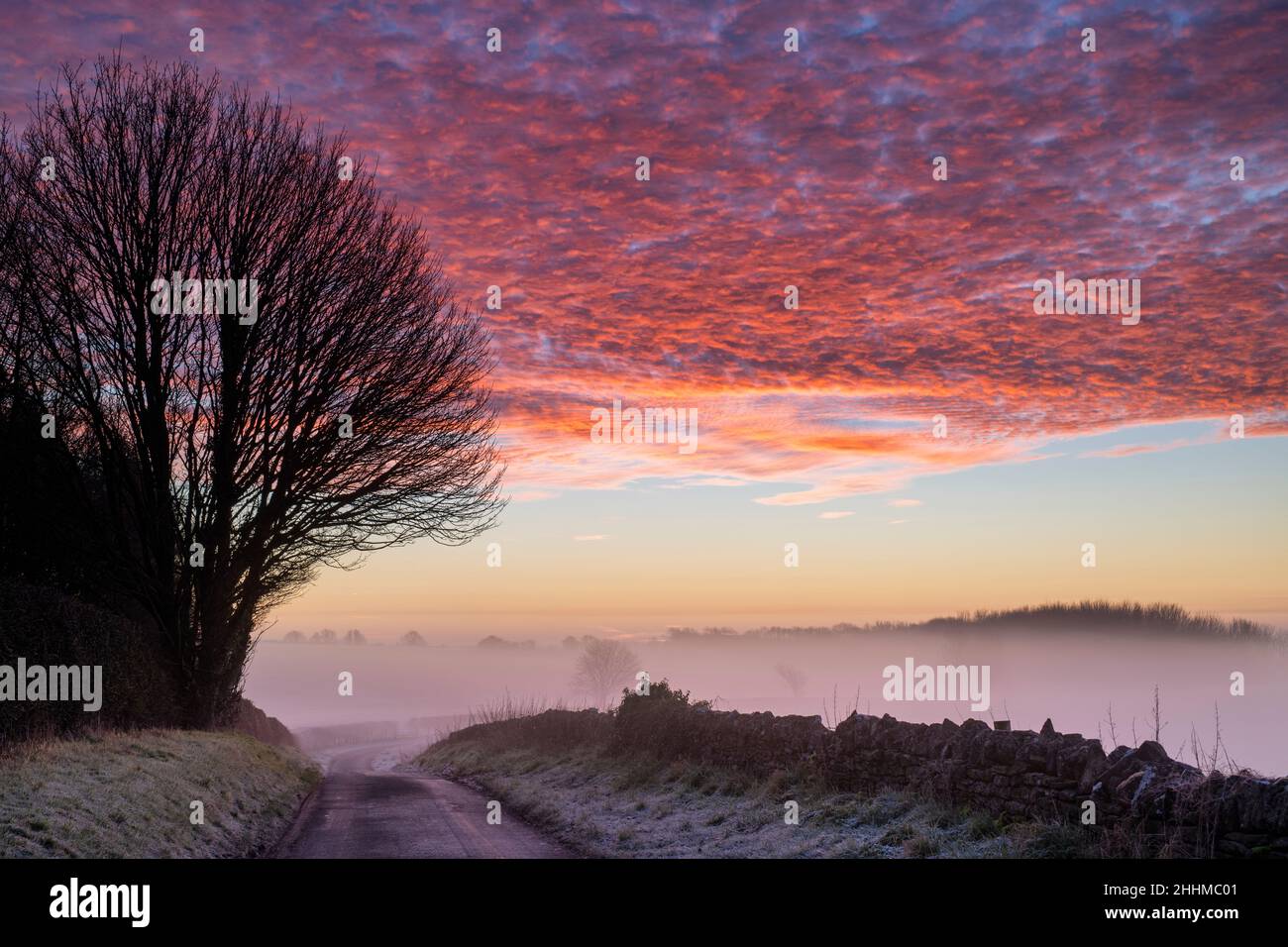 Winter red sky and mist just before sunrise in the frosty cotswold