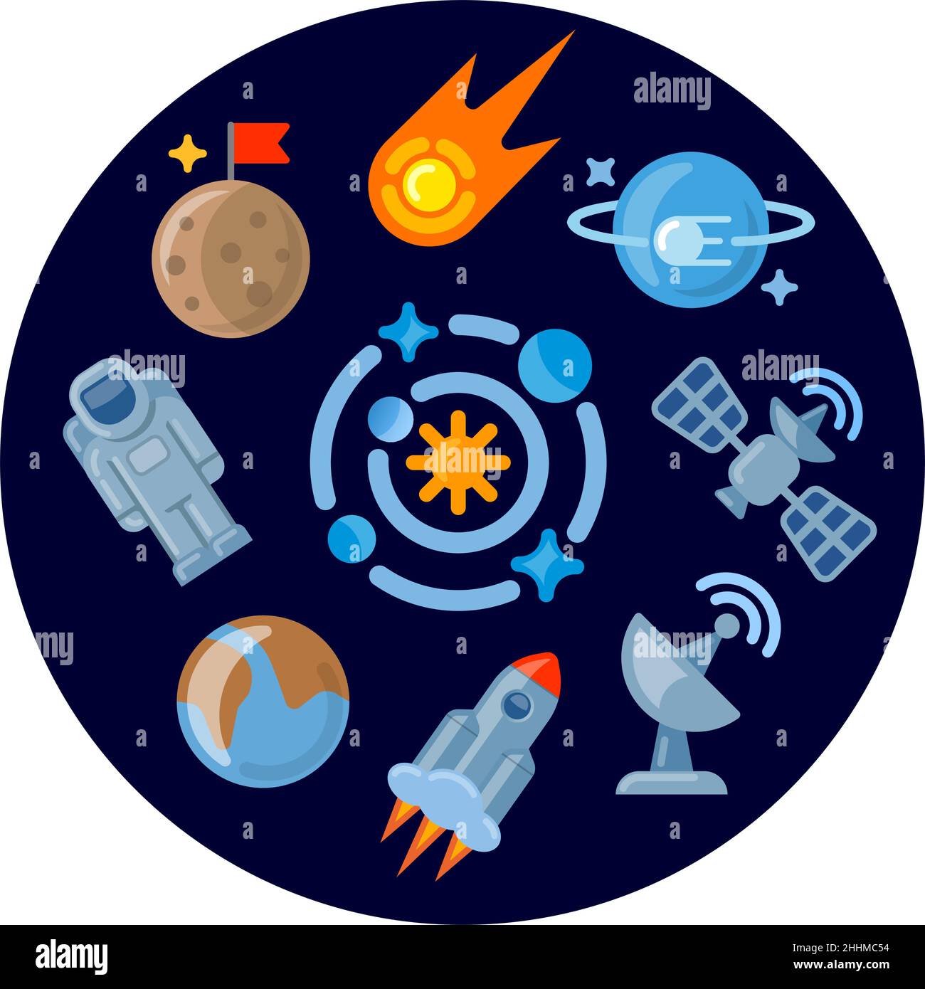 Set of space icons illustration in color style for for web, landing page, stickers, and round background Stock Vector