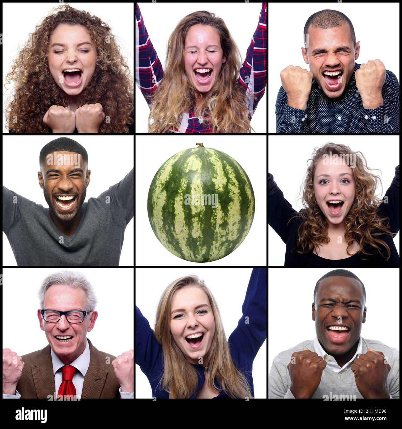 Cheerful people surrounded with healthy food Stock Photo - Alamy