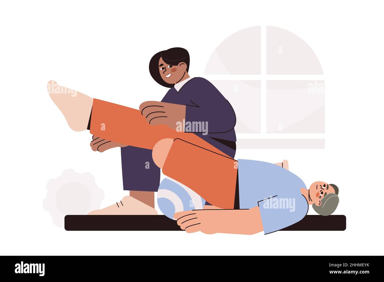 Flat doctor physiotherapy and patient after limb amputation do exercise on therapeutic ball. Physical therapy specialist help to recovery leg after surgery. Rehab in medical rehabilitation hospital. Stock Vector
