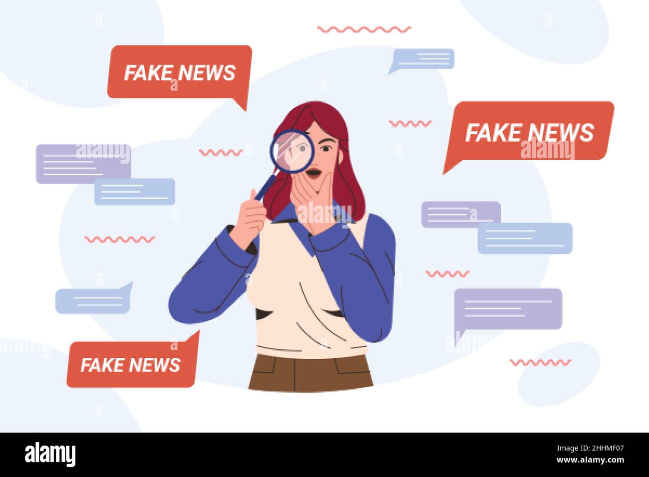 Flat amazed woman with magnifying glass research on fake news spreads in social media. Woman shocked from article in online press with disinformation, falsehood and lies. Spread of false information. Stock Vector