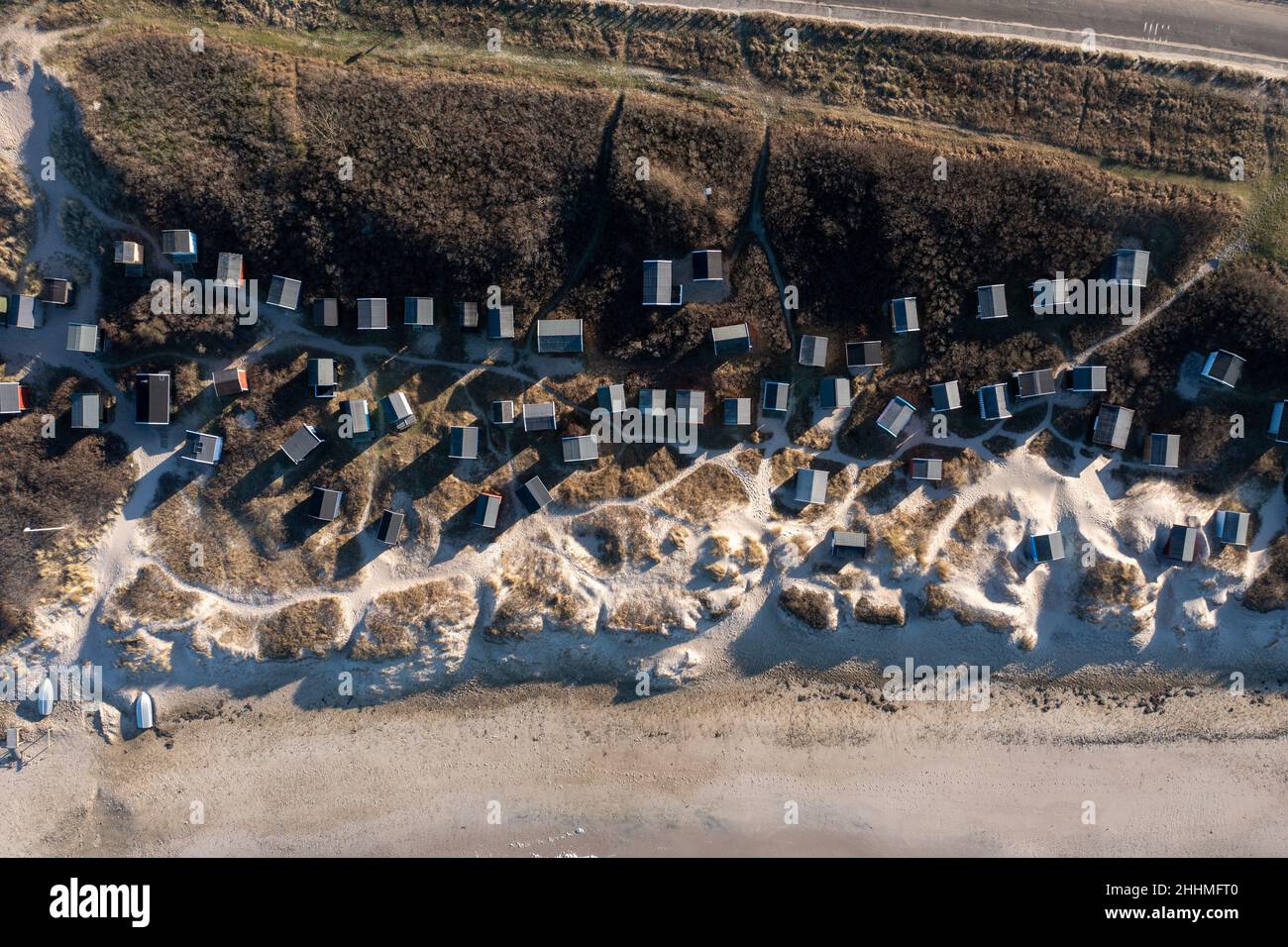 Aerial view of Beach Huts at Tisvildeleje Beach Stock Photo