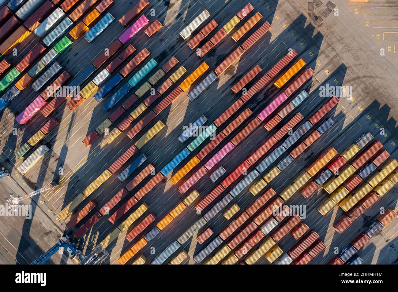 Aerial Top Down View of Multicolored Containers Stock Photo
