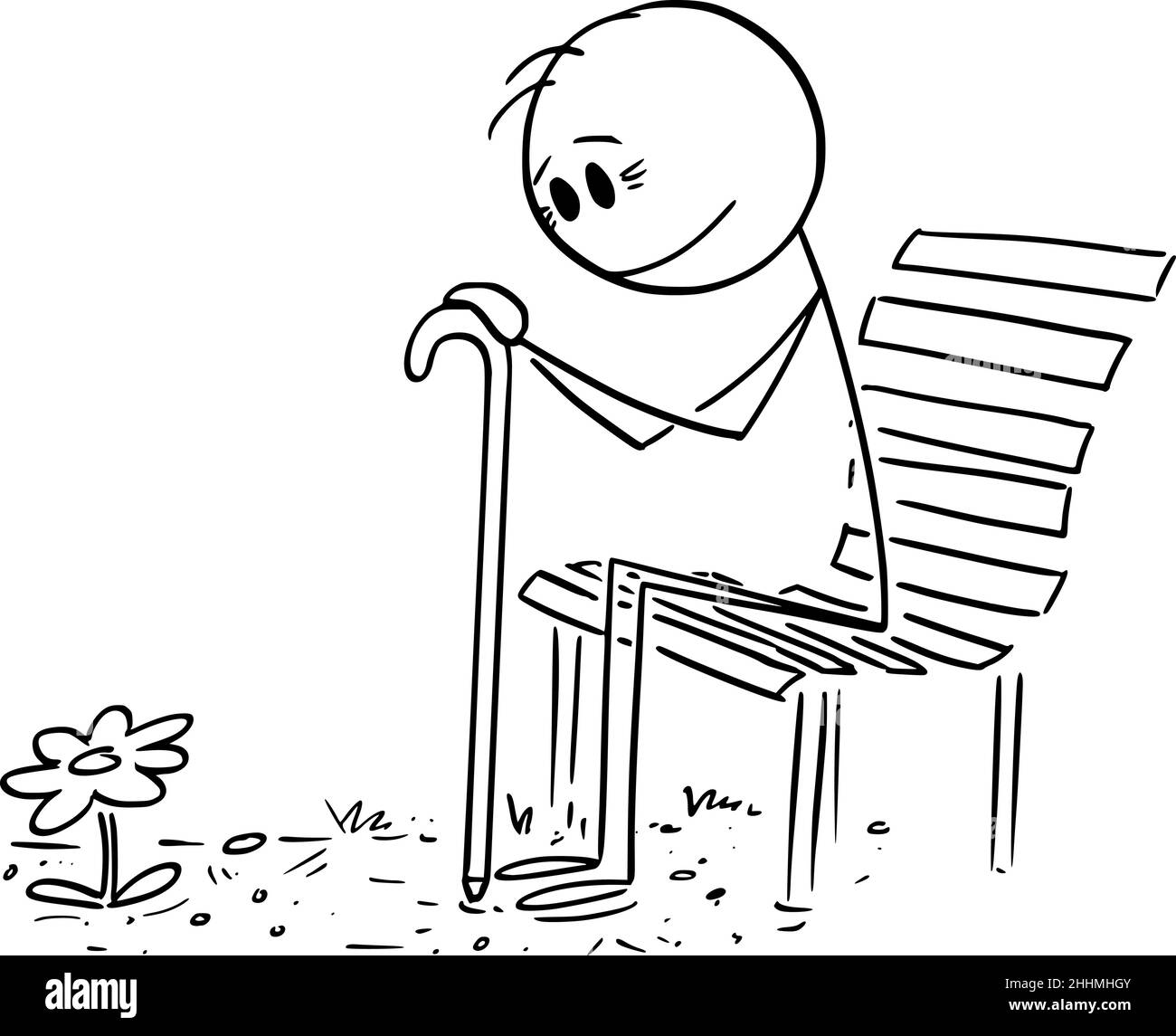 Old Person Sitting on Park Bench and Looking at Blooming Flower , Vector Cartoon Stick Figure Illustration Stock Vector