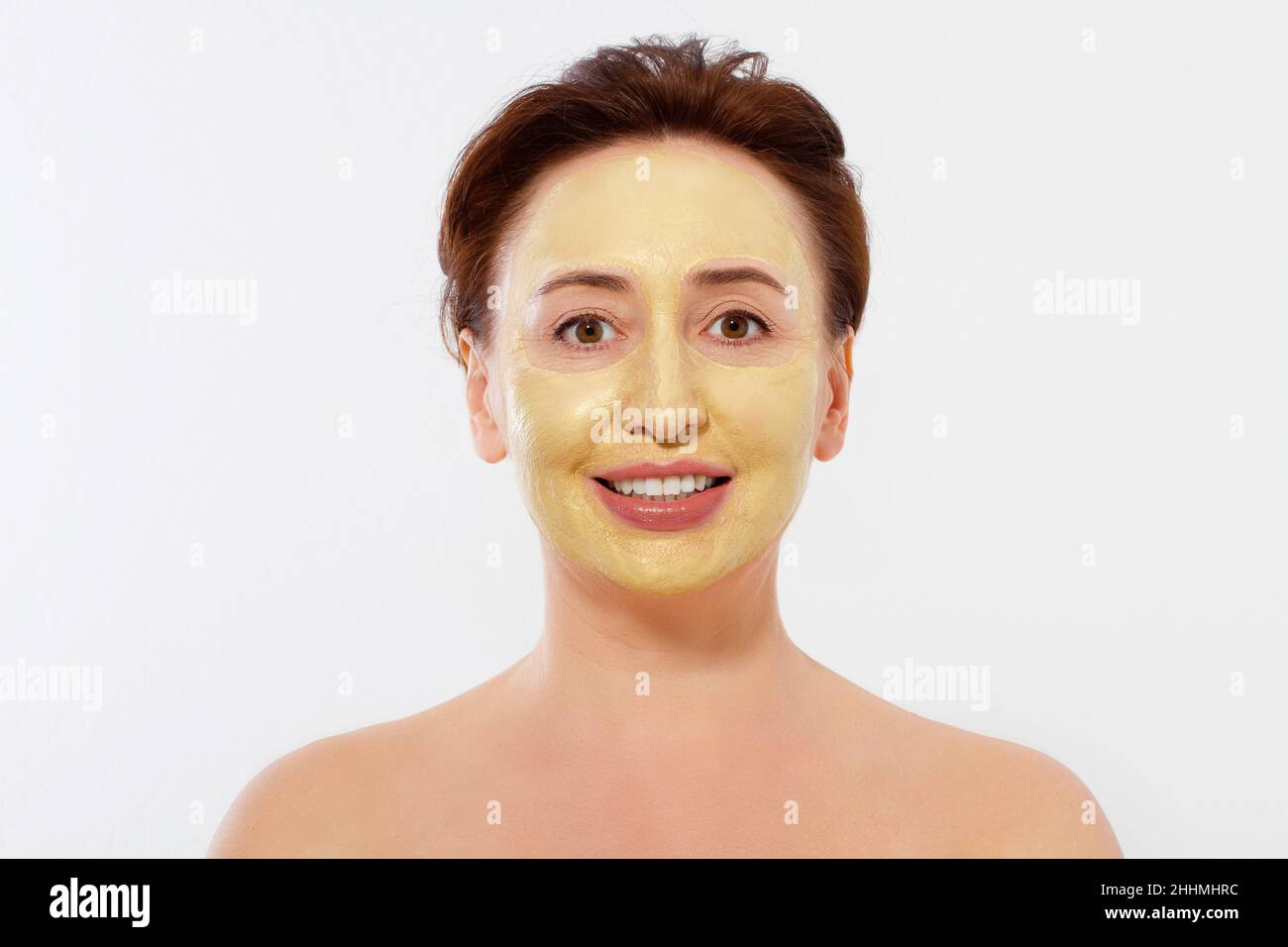 Summer anti aging collagen mask on woman wrinkle face isolated on white