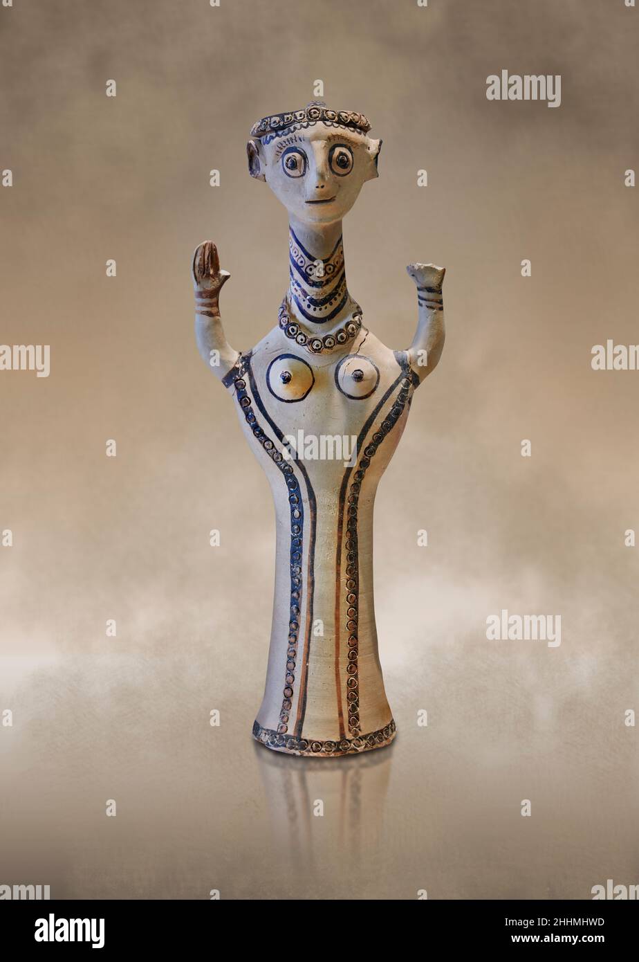 Mycenaean pottery figurine statuette of a goddess made on a pottery wheel, Tiryns Lower Citadel, 12th cent BC. . Against warm brown art background. Ph Stock Photo