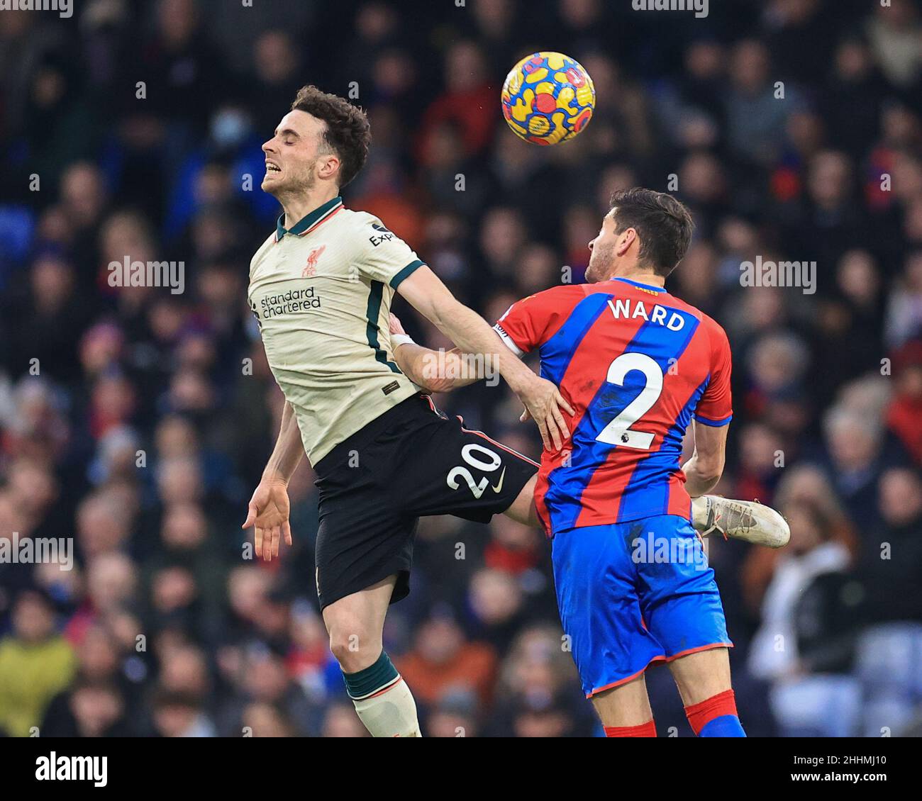 Diogo Jota #20 of Liverpool and Joel Ward #2 of Crystal Palace battle for the ball Stock Photo