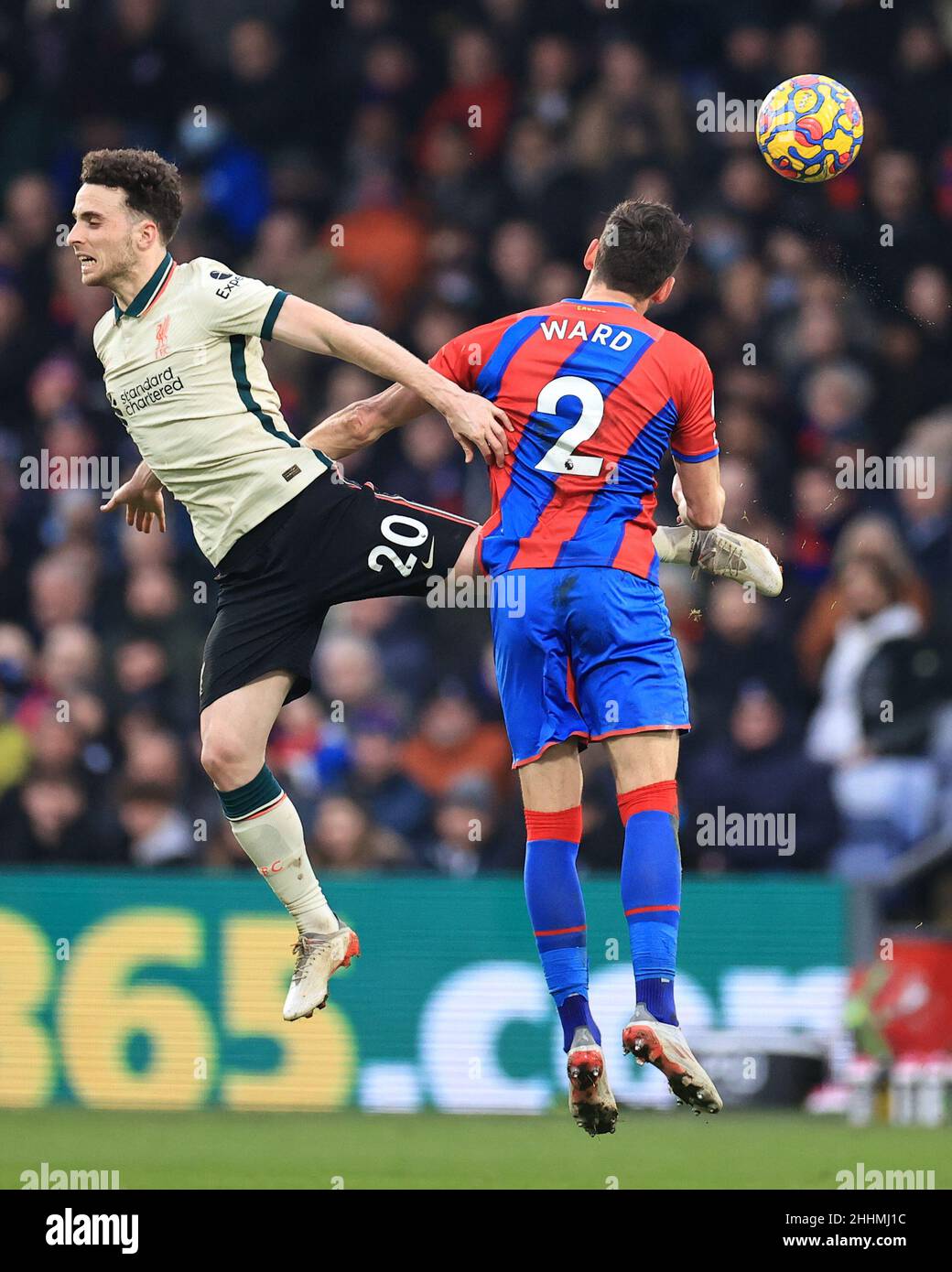 Diogo Jota #20 of Liverpool and Joel Ward #2 of Crystal Palace battle for the ball Stock Photo