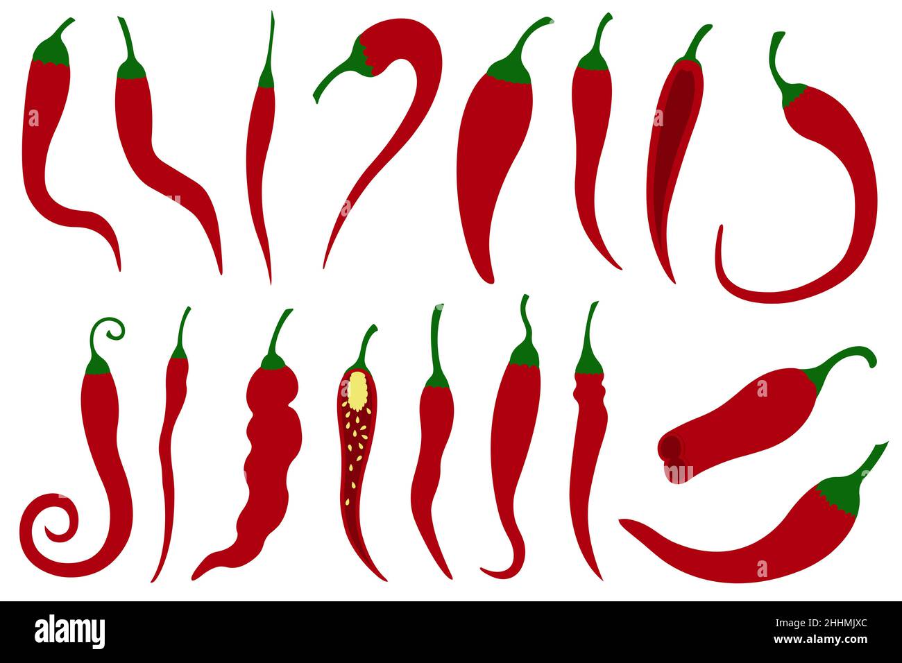Group of different red chili peppers isolated on white Stock Photo