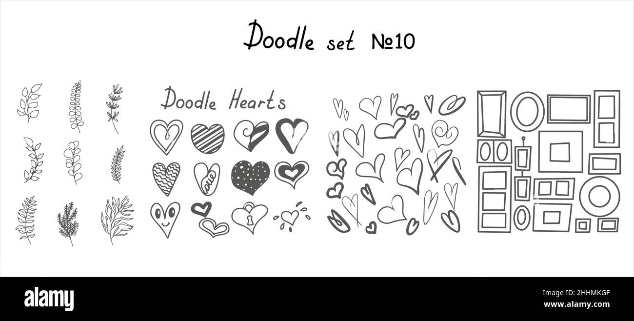 Vector doodle heart, Flowers, Tree branches with leaf, frames of different shapes and sizes. Big sketch set. Hand draw photo frames, Floral vector Stock Vector