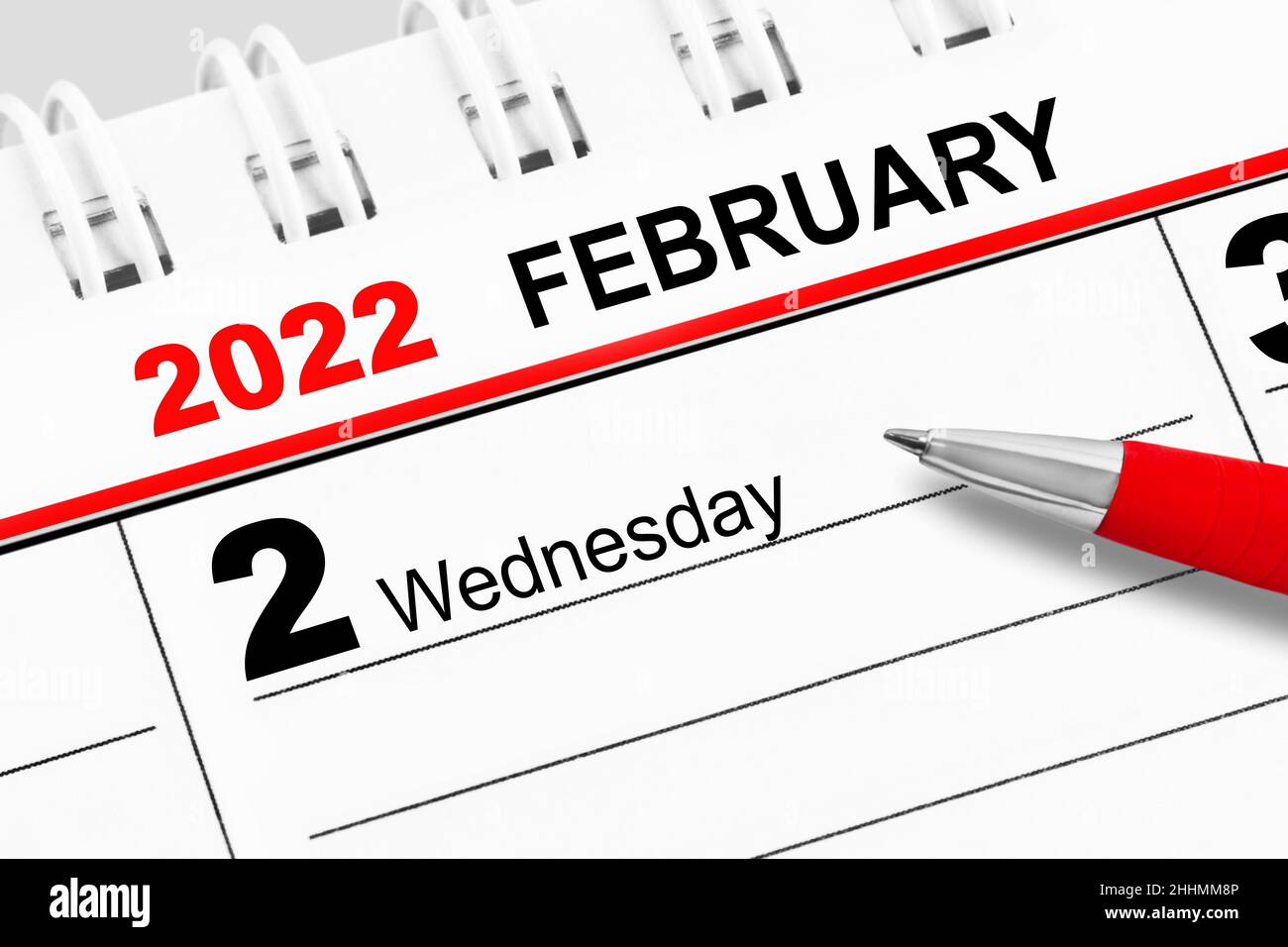 Calendar 2022 February 2 and red pen Stock Photo
