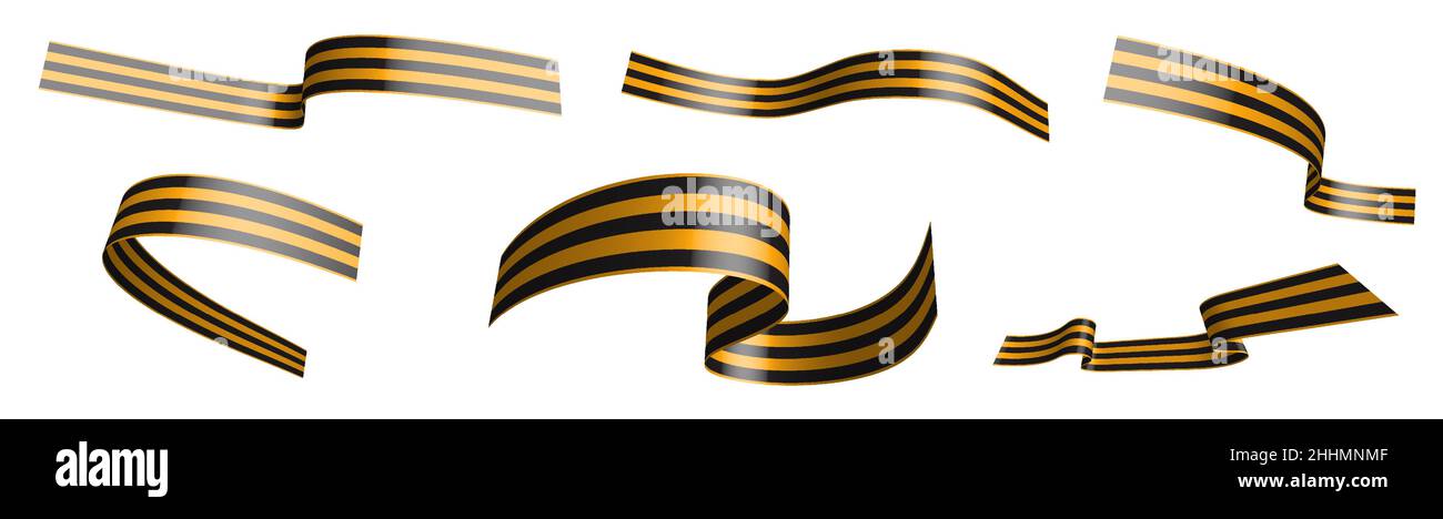 Set of holiday st george ribbons in black orange colors waving in wind. Separation into lower and upper layers. Design element. Vector on white backgr Stock Vector