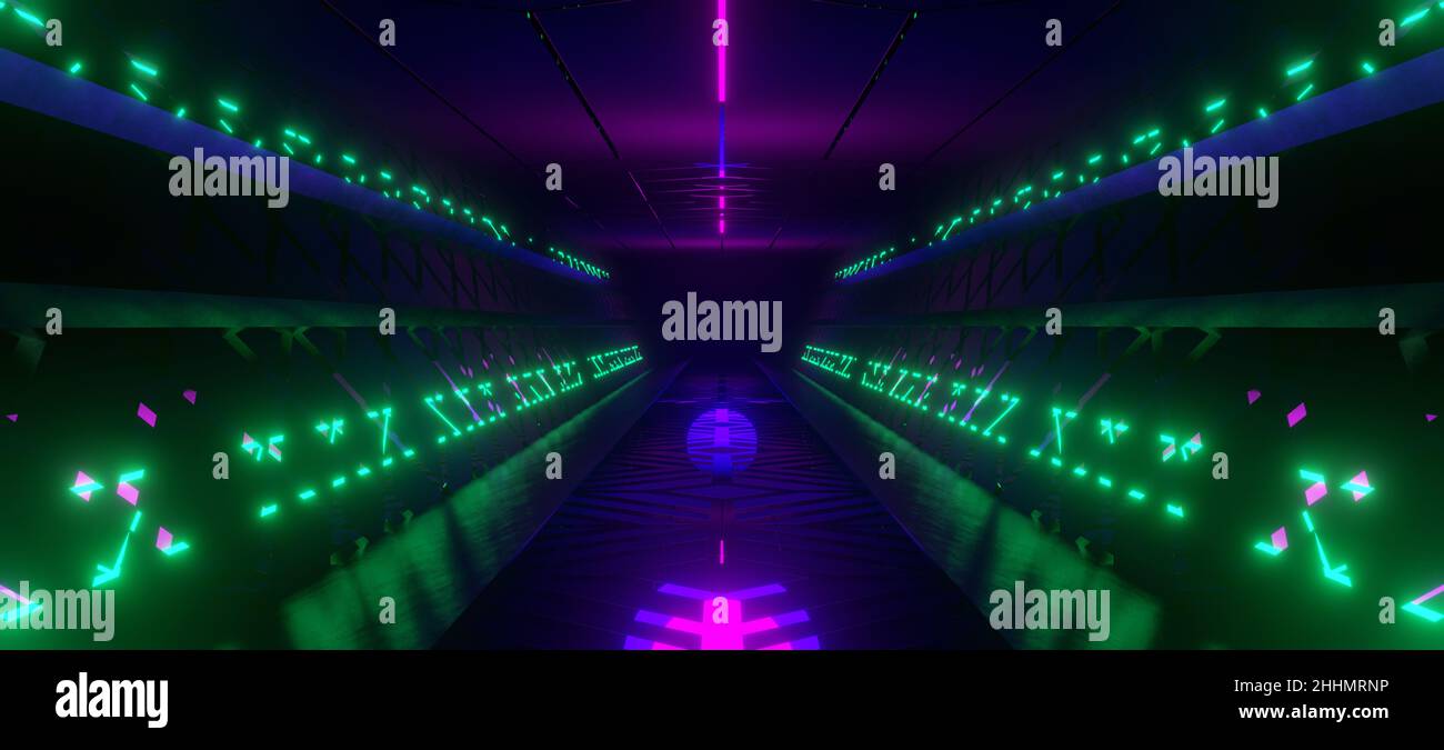 Neon Glow Futuristic Digital Tunnel Hangar Club Hallway Phantom Neon Lights with Dark Violet Colors Digital Platform Background Wallpaper With Space F Stock Photo