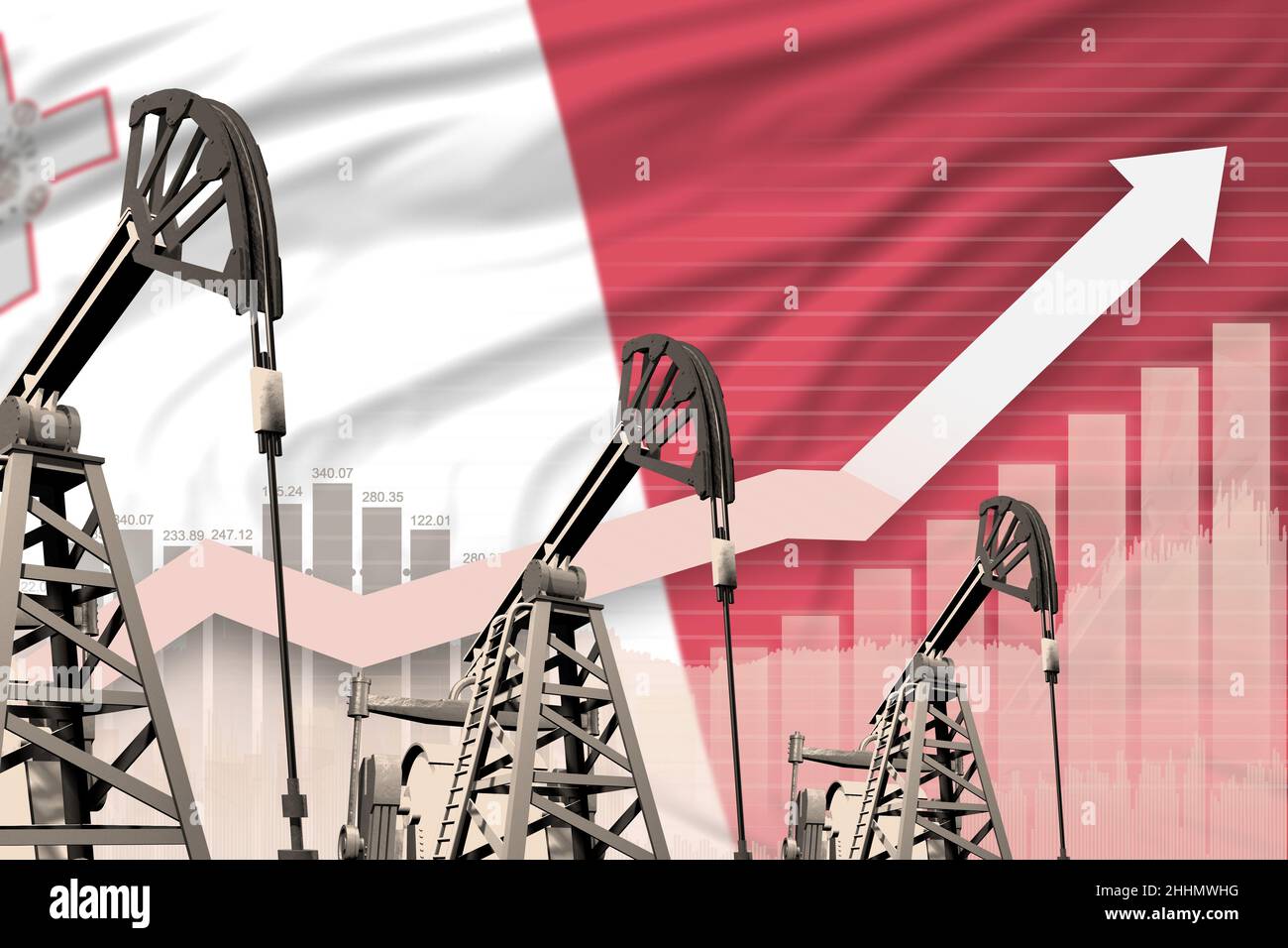 Malta oil industry concept, industrial illustration rising up chart on Malta flag background