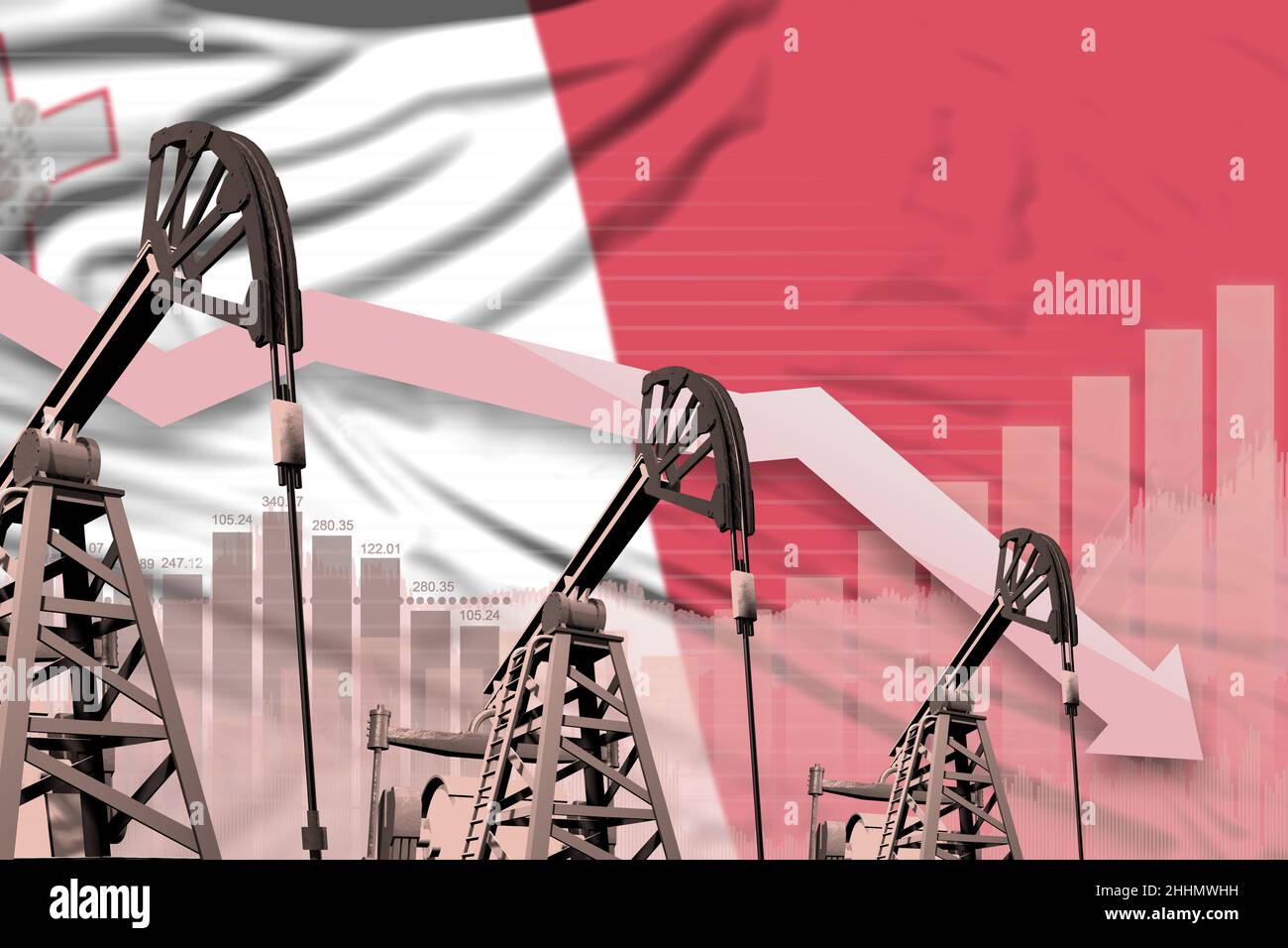 Malta oil industry concept, industrial illustration lowering down chart on Malta flag