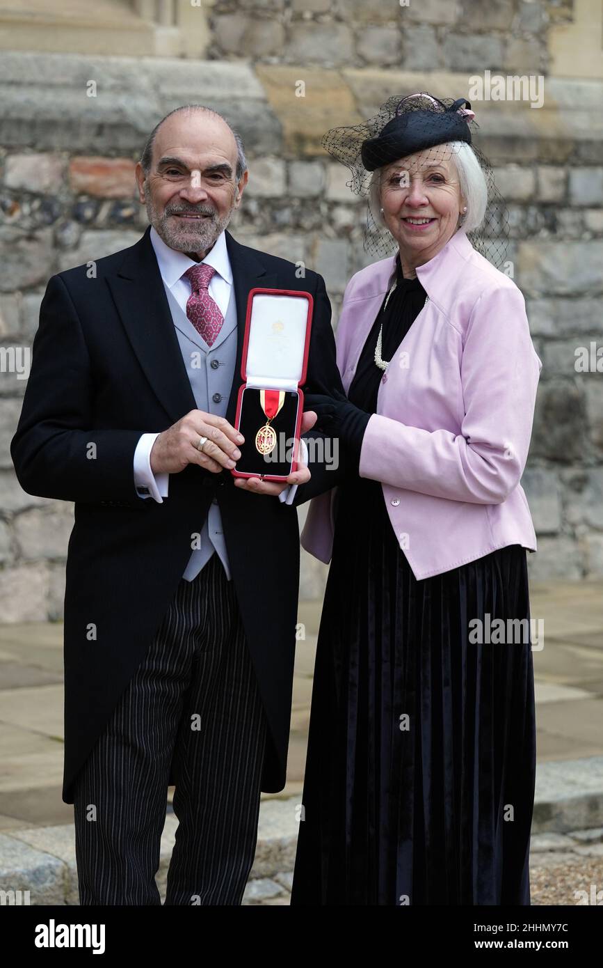 Actor Sir David Suchet and his wife Sheila Ferris after receiving his