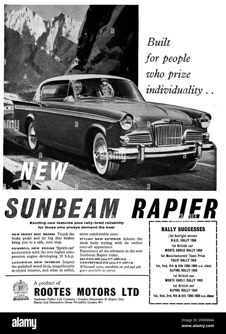 A vintage advert for the Sunbeam Rapier car, from Motor Sport Magazine, 1959 Stock Photo