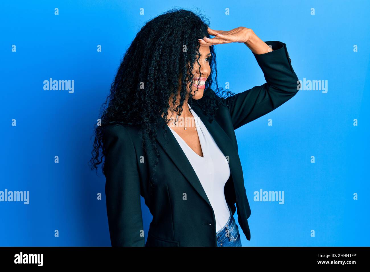 Middle age african american woman wearing business clothes very happy ...
