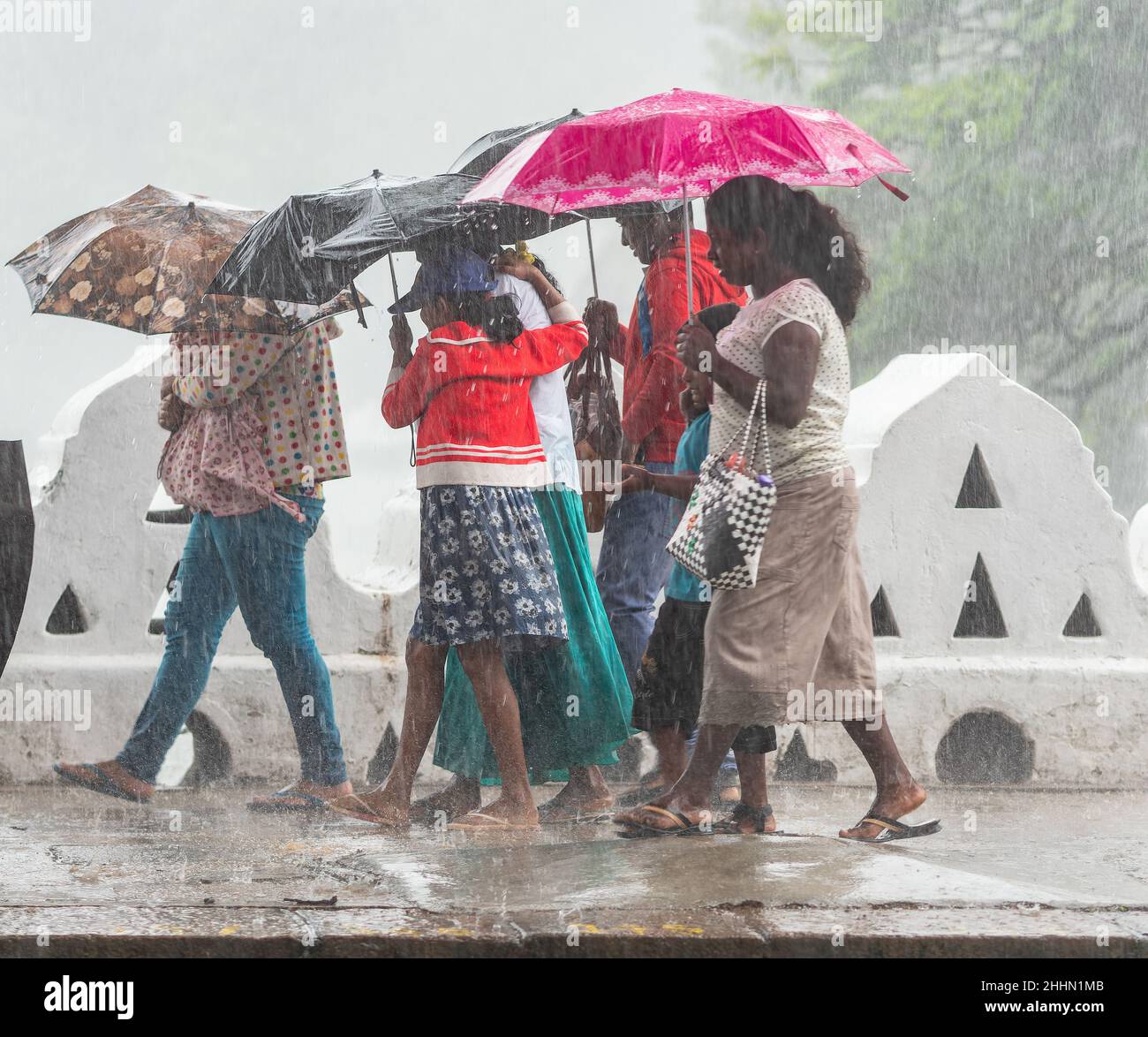 People walking during a heavy tropical rainstorm in Kandy in Sri Lanka. Stock Photo