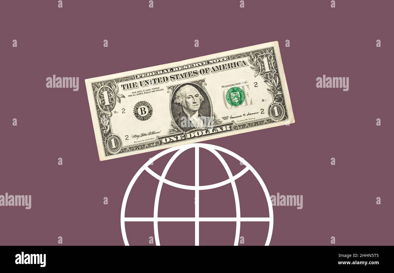 One US dollar bill balancing on a globe symbol Stock Photo