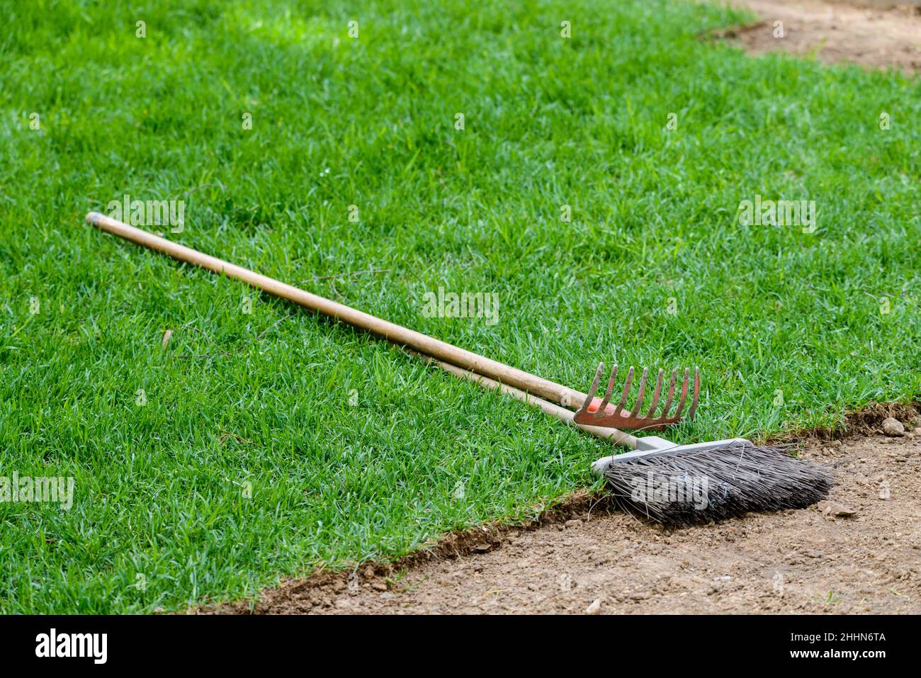 Tools, rake and broom on the lawn for cleaning city Stock Photo - Alamy