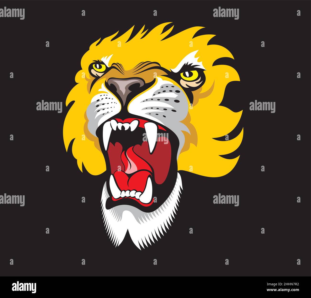Gold roaring lion. Angry animal grinning face. Print on dark background Stock Vector