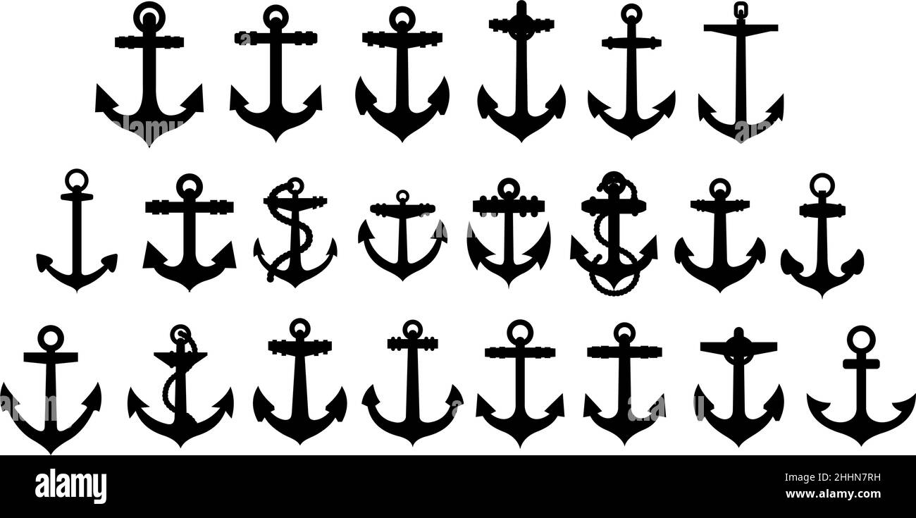 Anchor black white silhouette set Stock Vector