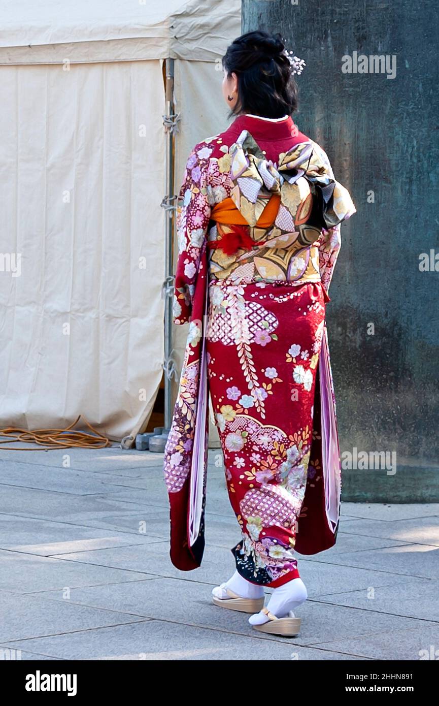Chiyoda City, Tokyo, Japan - January 02, 2020: Coming of age day in Yasukuni Shrine. Teenager wearing kimono. Stock Photo