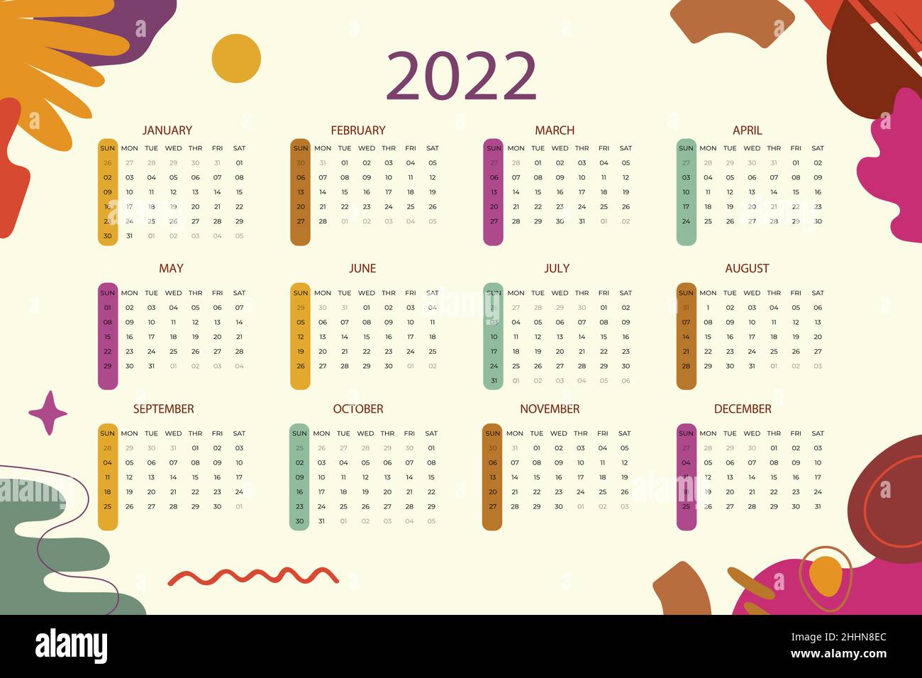 Flat 2022 calendar template Vector illustration. Stock Vector