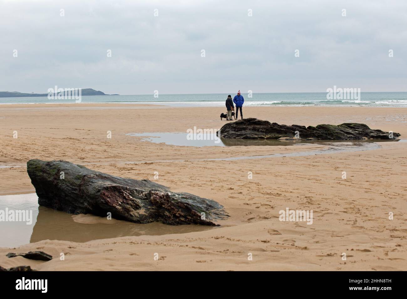 Watergate Bay, Cornwall, England, January 18th, 2022, people walking
