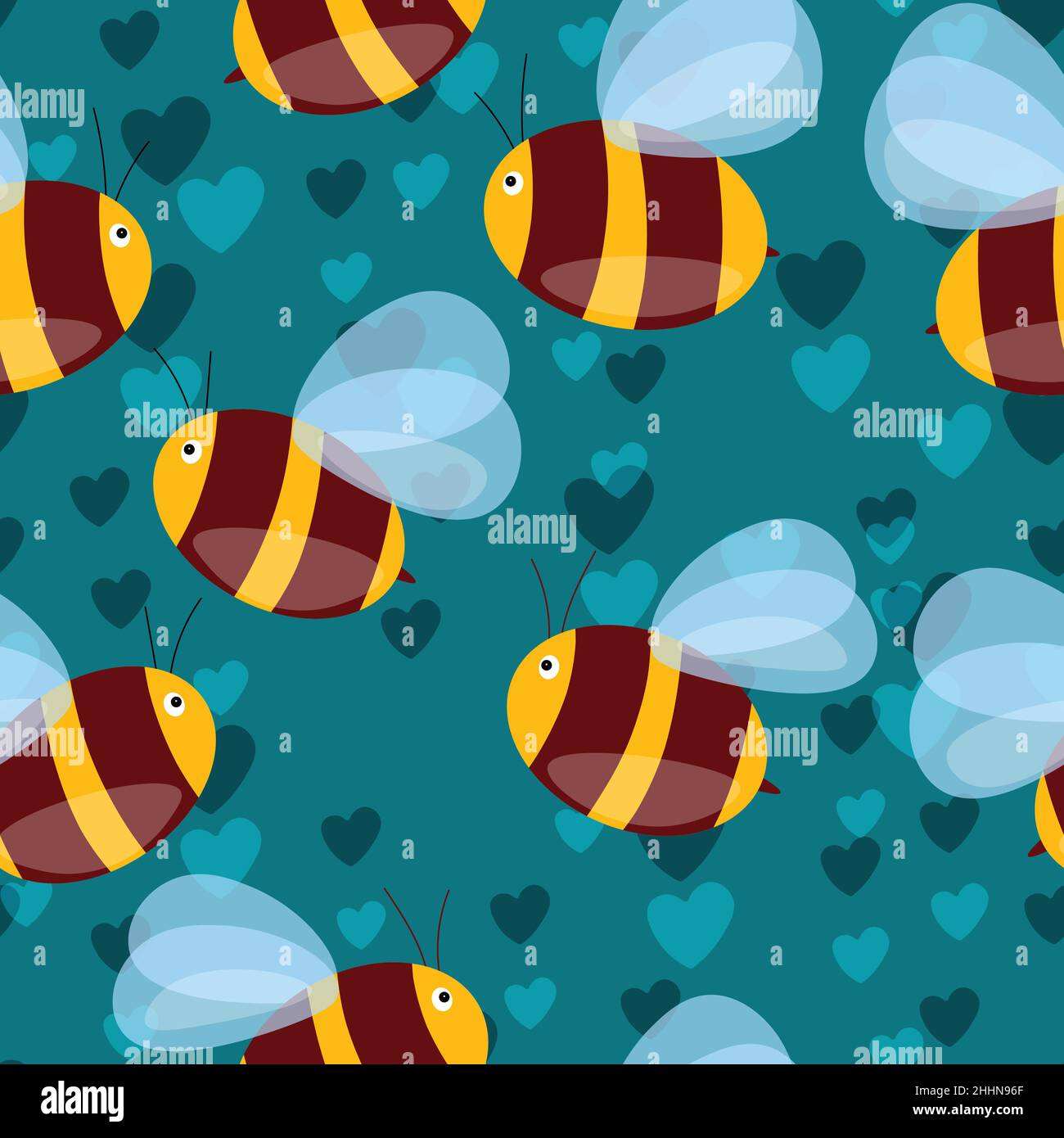 Seamless pattern with bees and hearts on color background. Small wasp ...