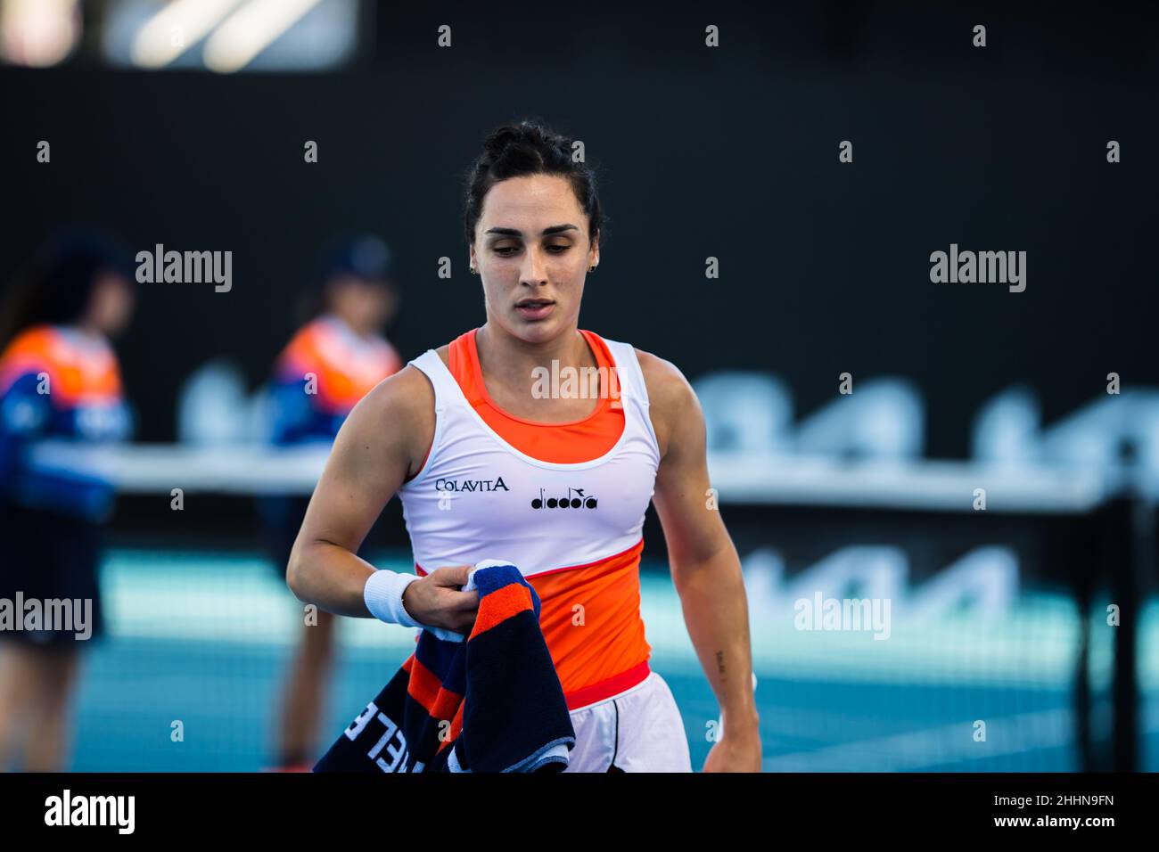 Italian Martina Trevisan seen during the Australian Open 2022 Round 1 match of the Grand Slam against Japanese Nao Hibino at Court No.7 in Melbourne Olympic Park.Final score; Martina Trevisan wins in two sets 6:2, 6:3 against Nao Hibino. Stock Photo