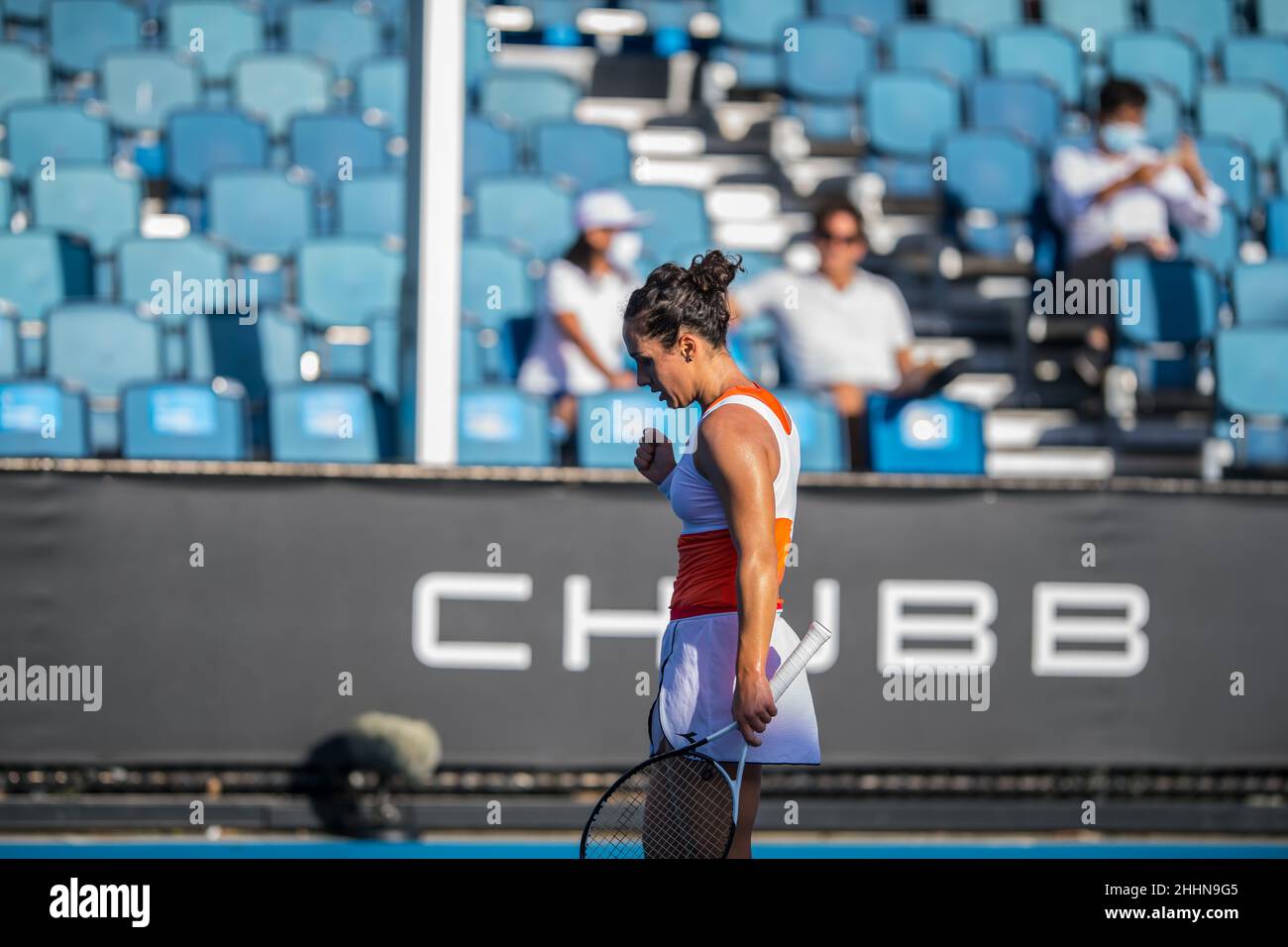Italian Martina Trevisan seen during the Australian Open 2022 Round 1 match of the Grand Slam against Japanese Nao Hibino at Court No.7 in Melbourne Olympic Park.Final score; Martina Trevisan wins in two sets 6:2, 6:3 against Nao Hibino. Stock Photo