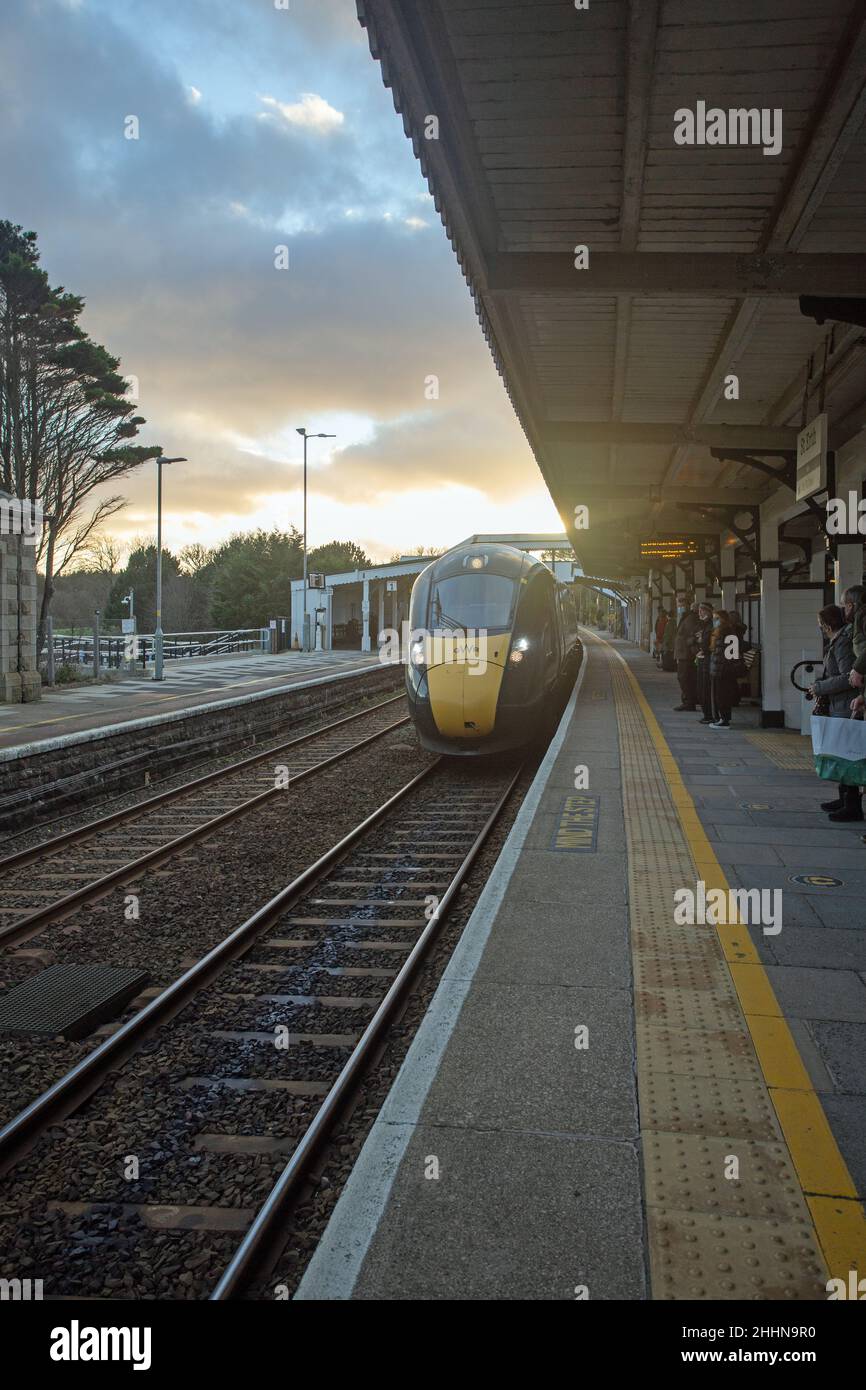 St Earth, Cornwall, England, January 20th 2022, a modern high speed Great Western Railway train pulls into the station. Stock Photo