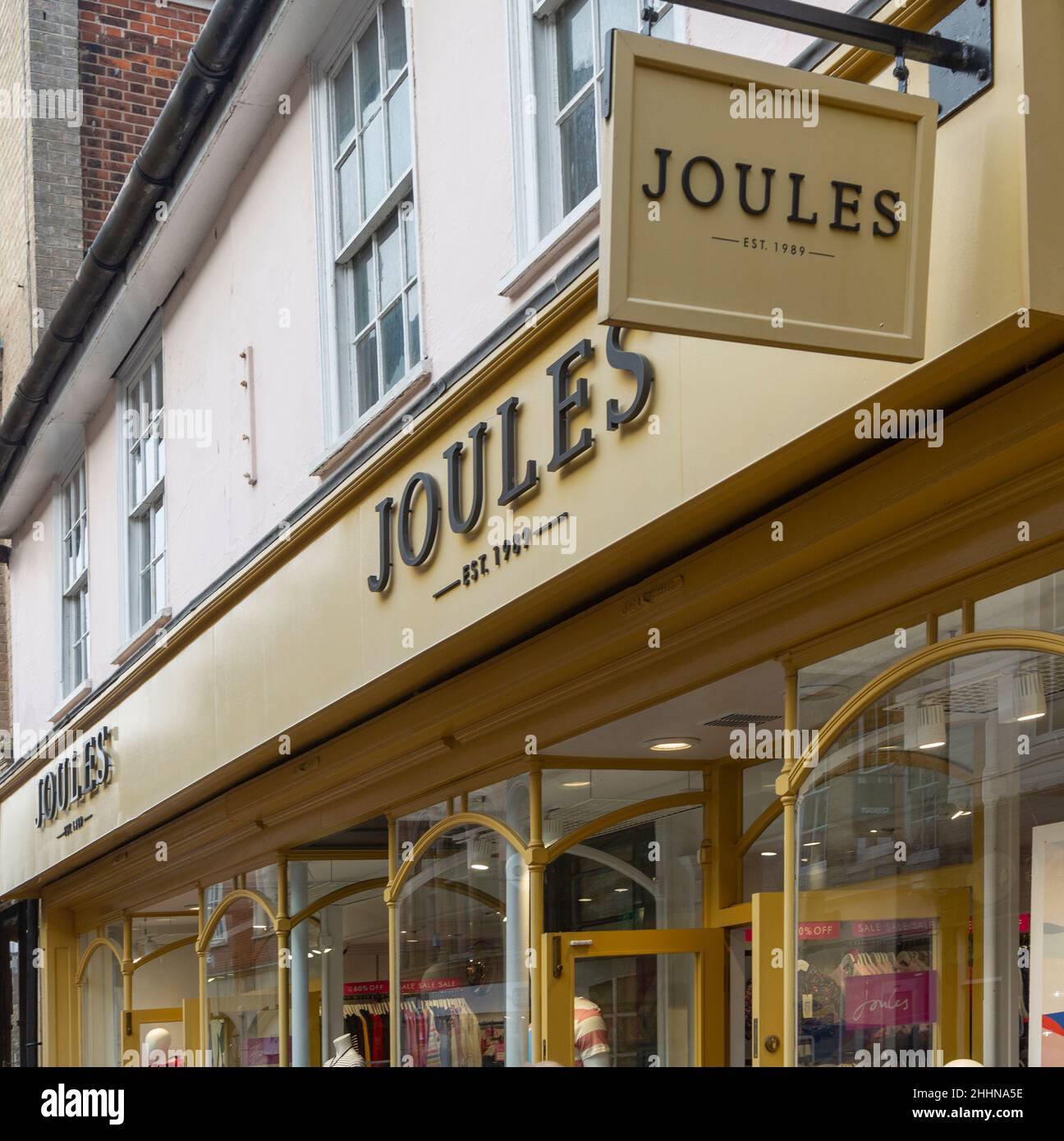 Signs outside Joules clothing shop, Ipswich, Suffolk, England, UK Stock